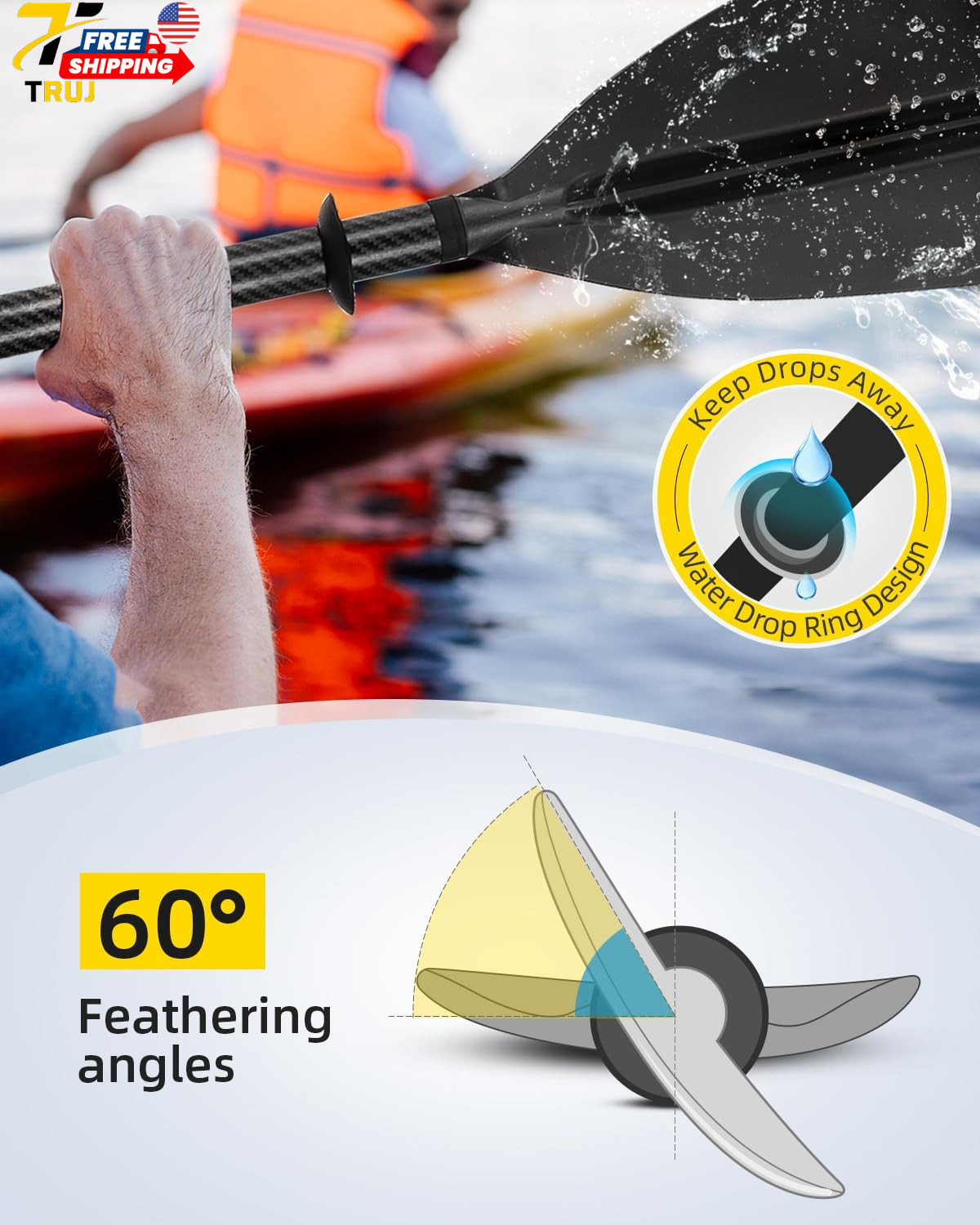 Adjustable Carbon Fiber Kayak Paddle 86In/220Cm to 94In/240Cm Kayaking Oar for A