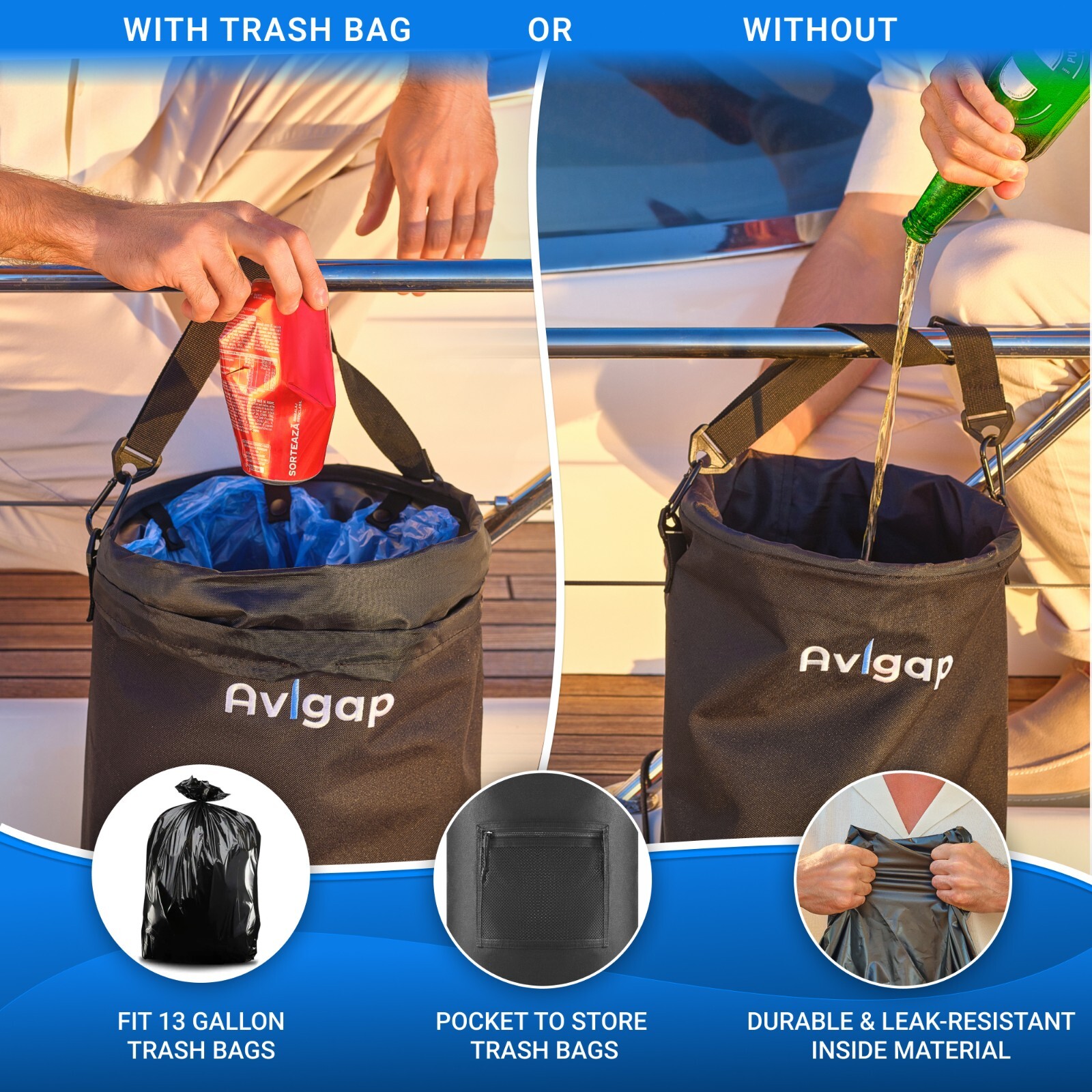 Boat Trash Can, 100% Odor & Leak Resistant, Reusable, Fit 13 Gal Trash Bag