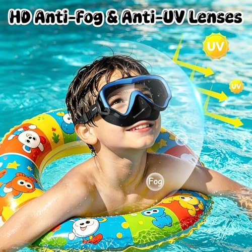 Kids Swim Goggles with Nose Cover, Anti Fog Wide View Clear A-Black (1 pack)