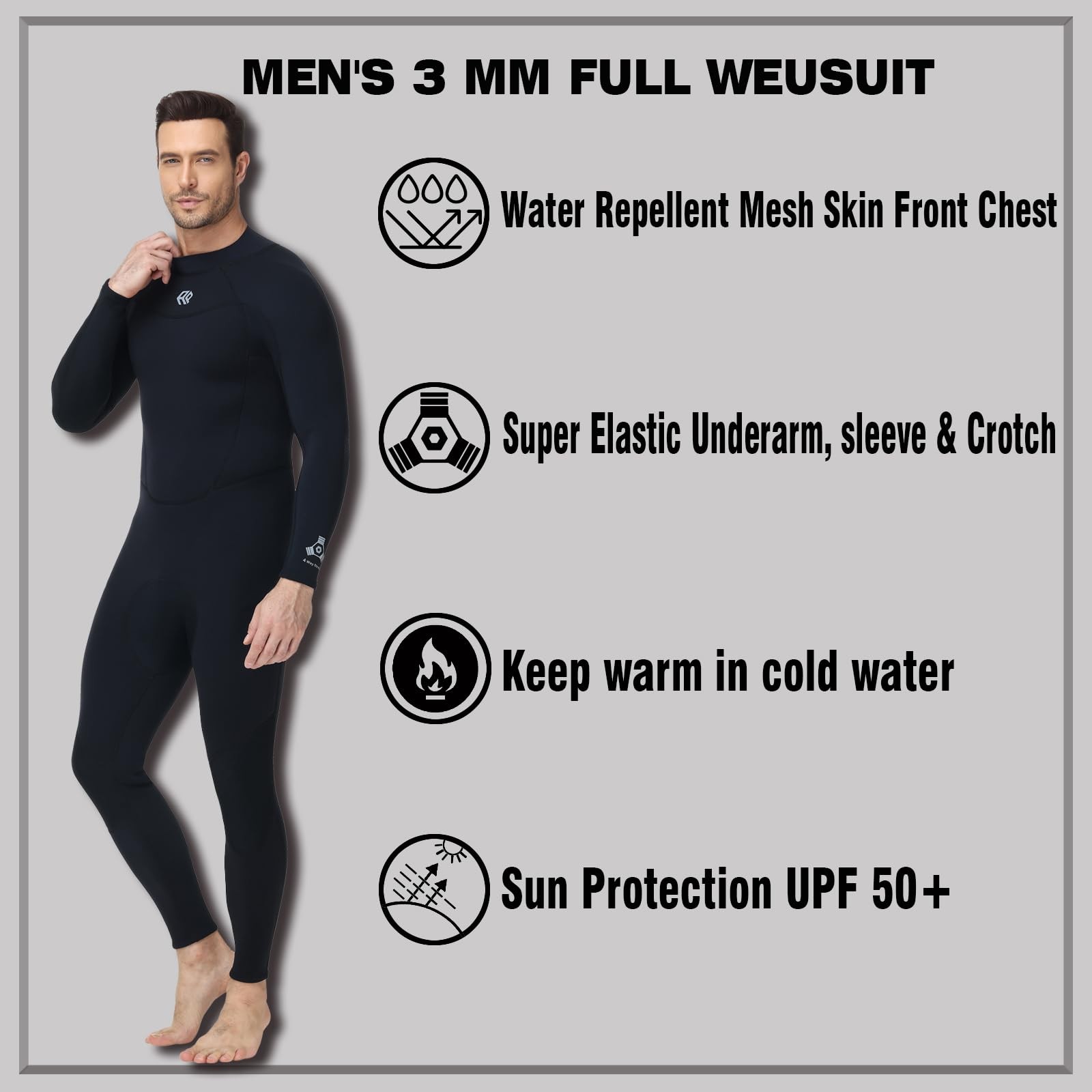 Anparc Mens 3Mm Neoprene Full Wetsuit Black Water Repellent Mesh Skin Front