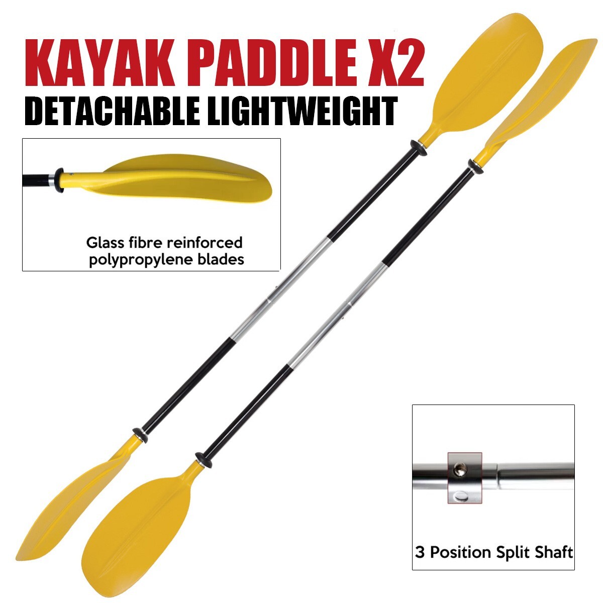 Oceansouth Kayak Paddles Yellow, Aluminim Asymmetric (Split Shaft) x 2