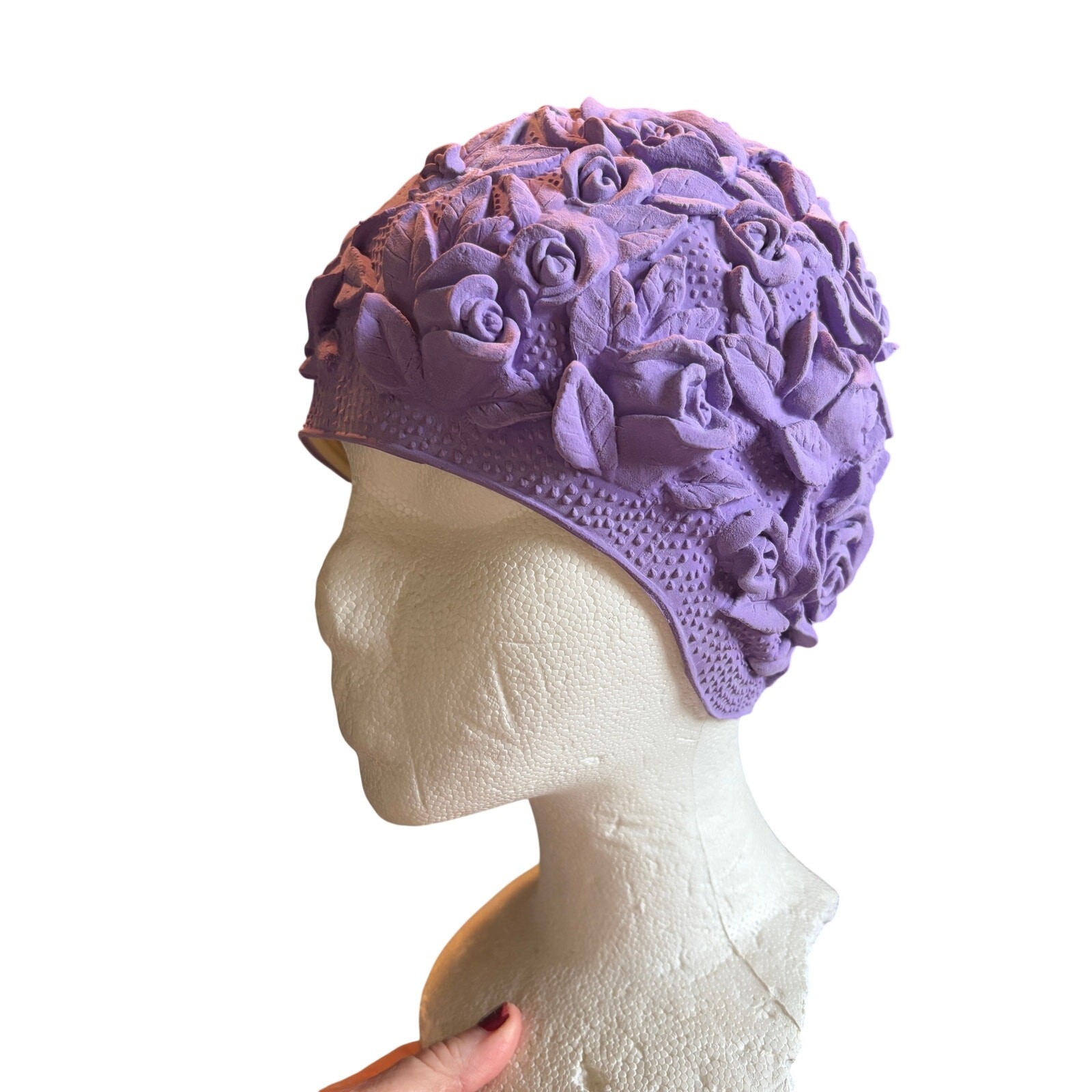 Vintage Swim Cap Womens Roses Latex Rubber Floral Flowers Purple 50s 60s *