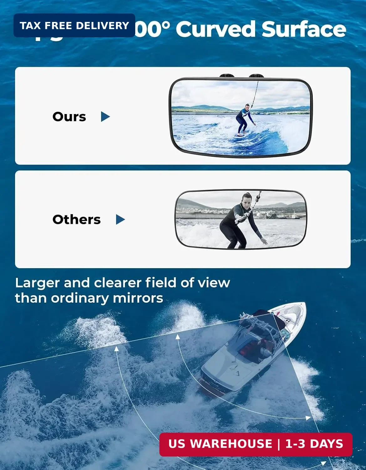 KEMIMOTO Boat Rear View Mirror, Upgrade Marine Mirror with 300° Curved Surface,