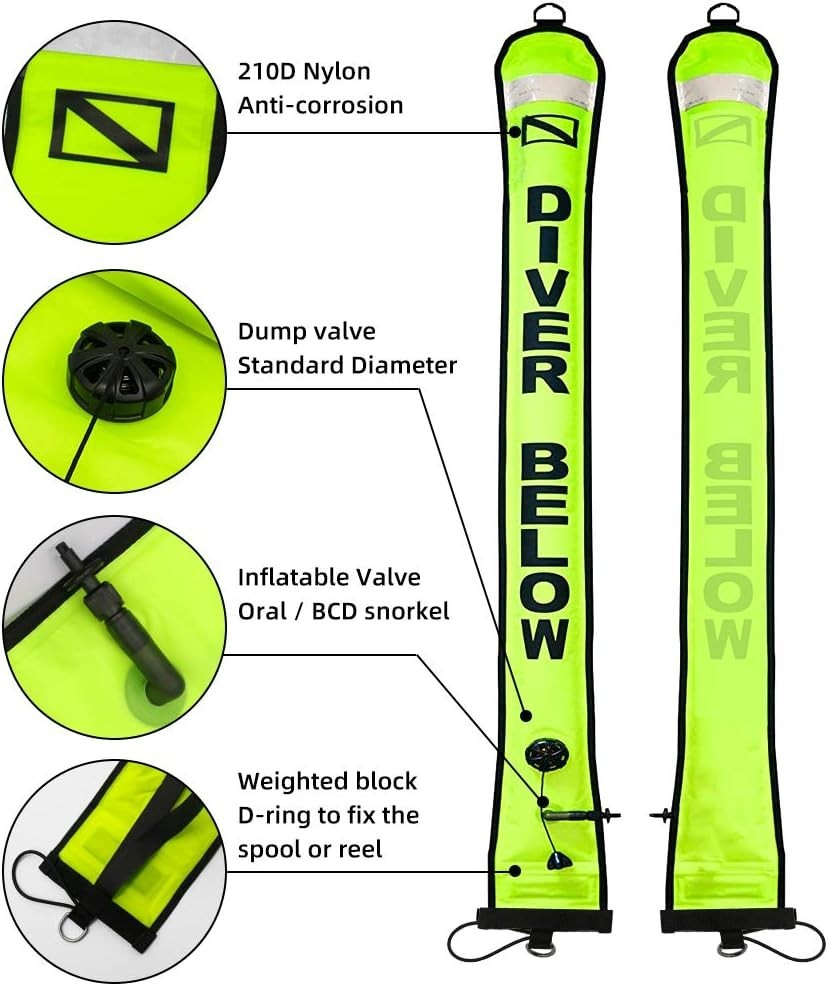 4ft Yellow Scuba Diving SMB, Open Bottom Surface Marker Buoy with Safety Sausage
