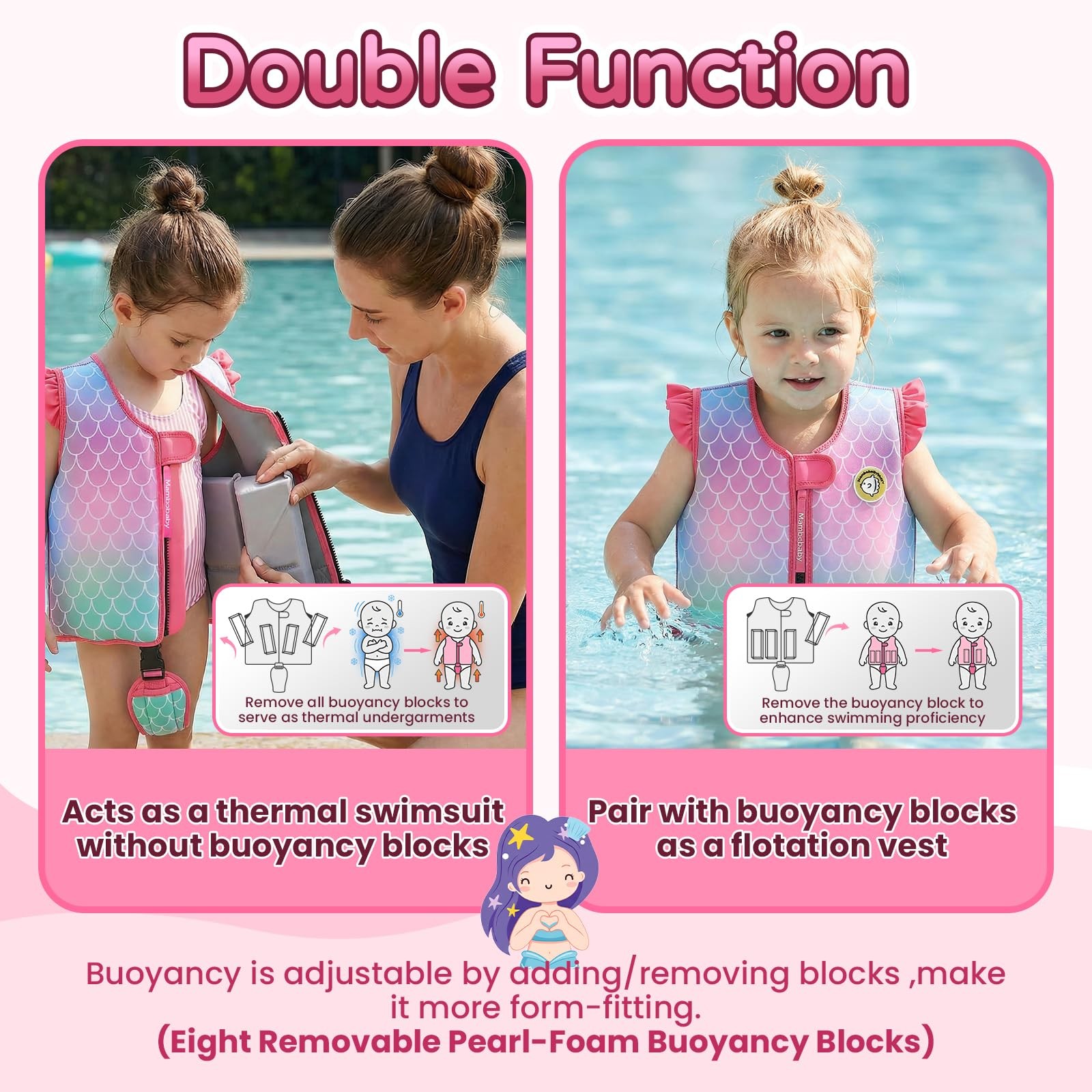 Mambobaby Toddler Swim Vest with Built-in Detachable L (5-6 Years), Mermaid