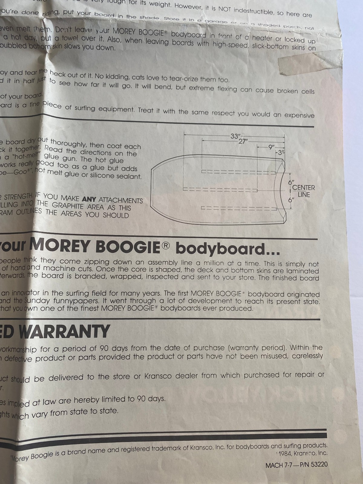 Vintage 1980s Morey Boogie Board Bodyboard Mach 7-7 Instruction Sheet Poster