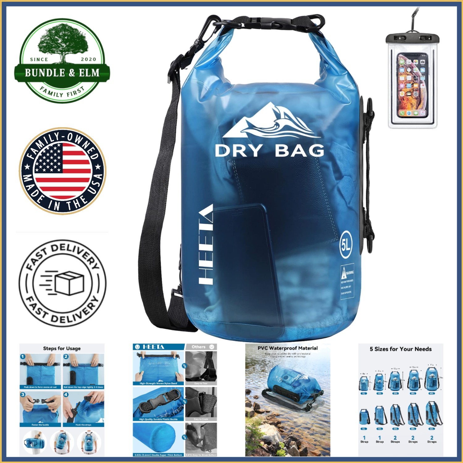 Waterproof Dry Bag for Travel, Kayaking, Boating with Adjustable Shoulder Strap