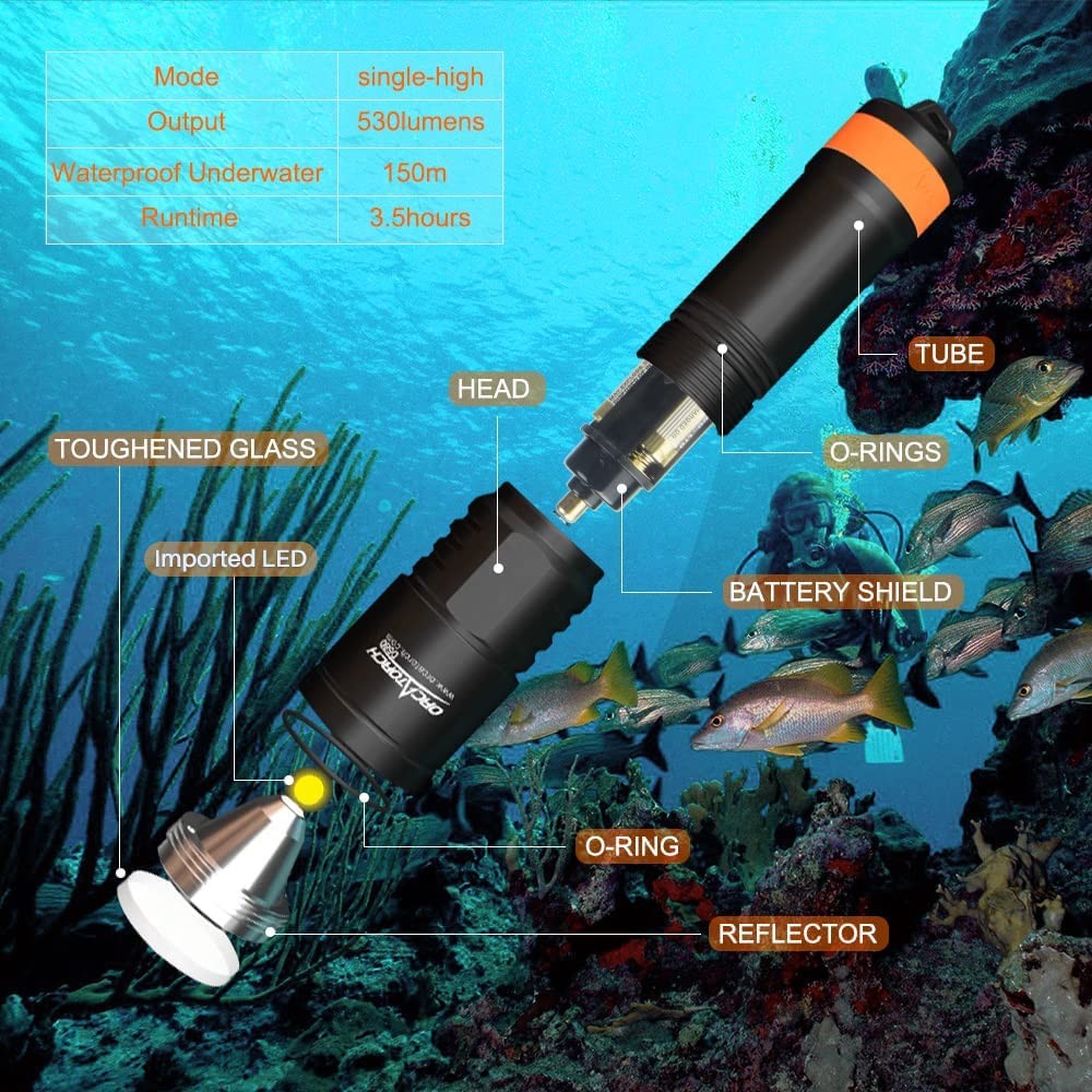 ORCATORCH D580 Scuba Dive Light, Max 530 Lumens Underwater Flashlight with 6 Deg