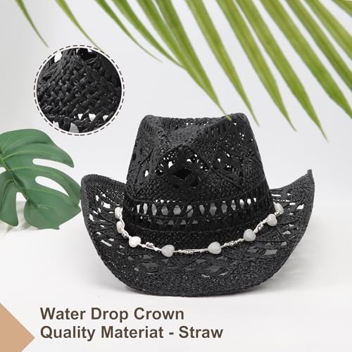 Straw Cowboy Cowgirl Hat for Women Men Medium 1 Pack Hollowed Pattern: Black