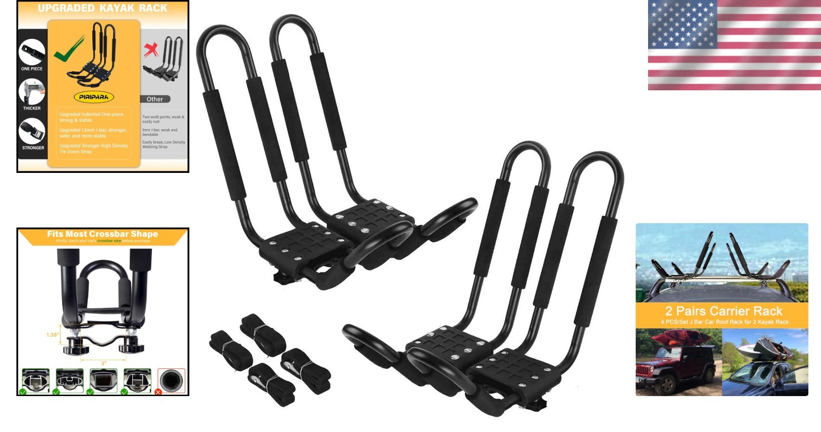 Universal Kayak J-Bar Roof Rack – Supports 150lbs, Includes Tie-Down Straps