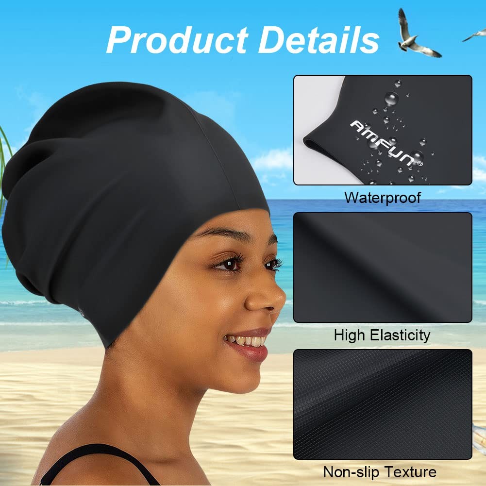 AMFUN Swimming Cap for Long Hair, Extra Large Caps 1 pack, black