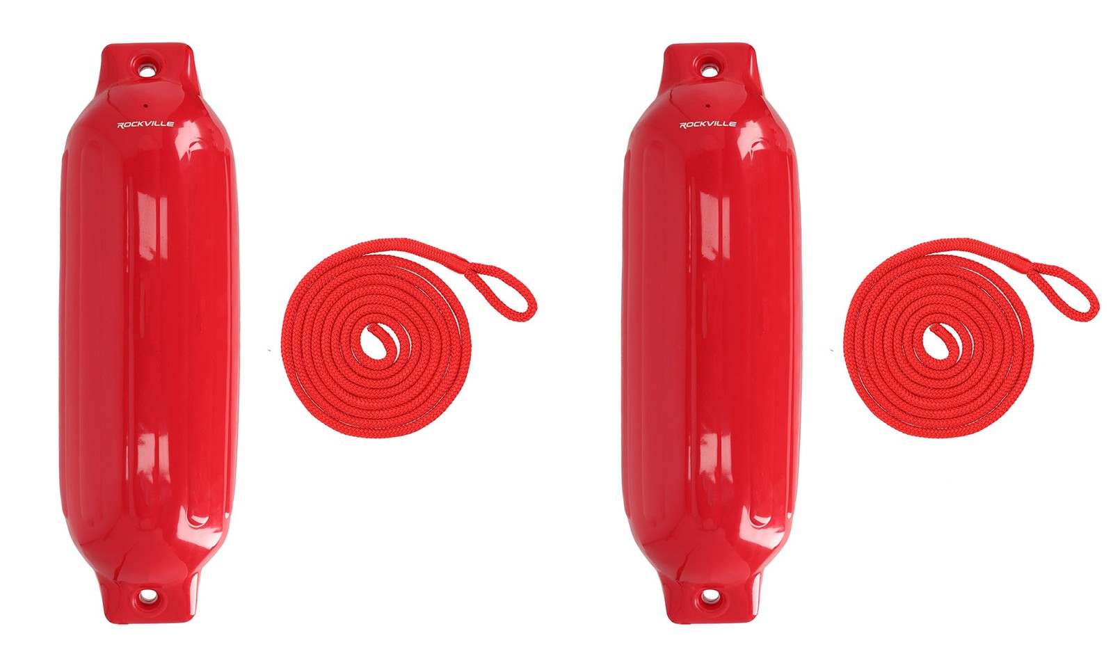 (2) Rockville FEN185-RED 8.5″ x 27″ Boat Fenders + 10 Foot Line Marine Bumpers