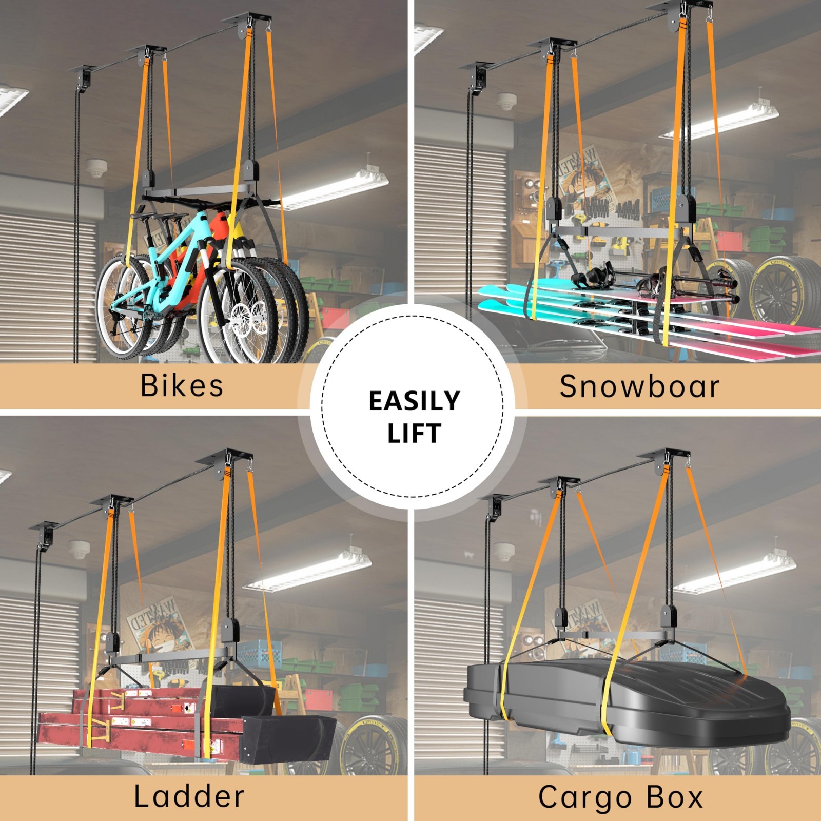 Canoe Hoist Pulley System for Garage Ceiling, 150 lbs Capacity, Overhead Space S