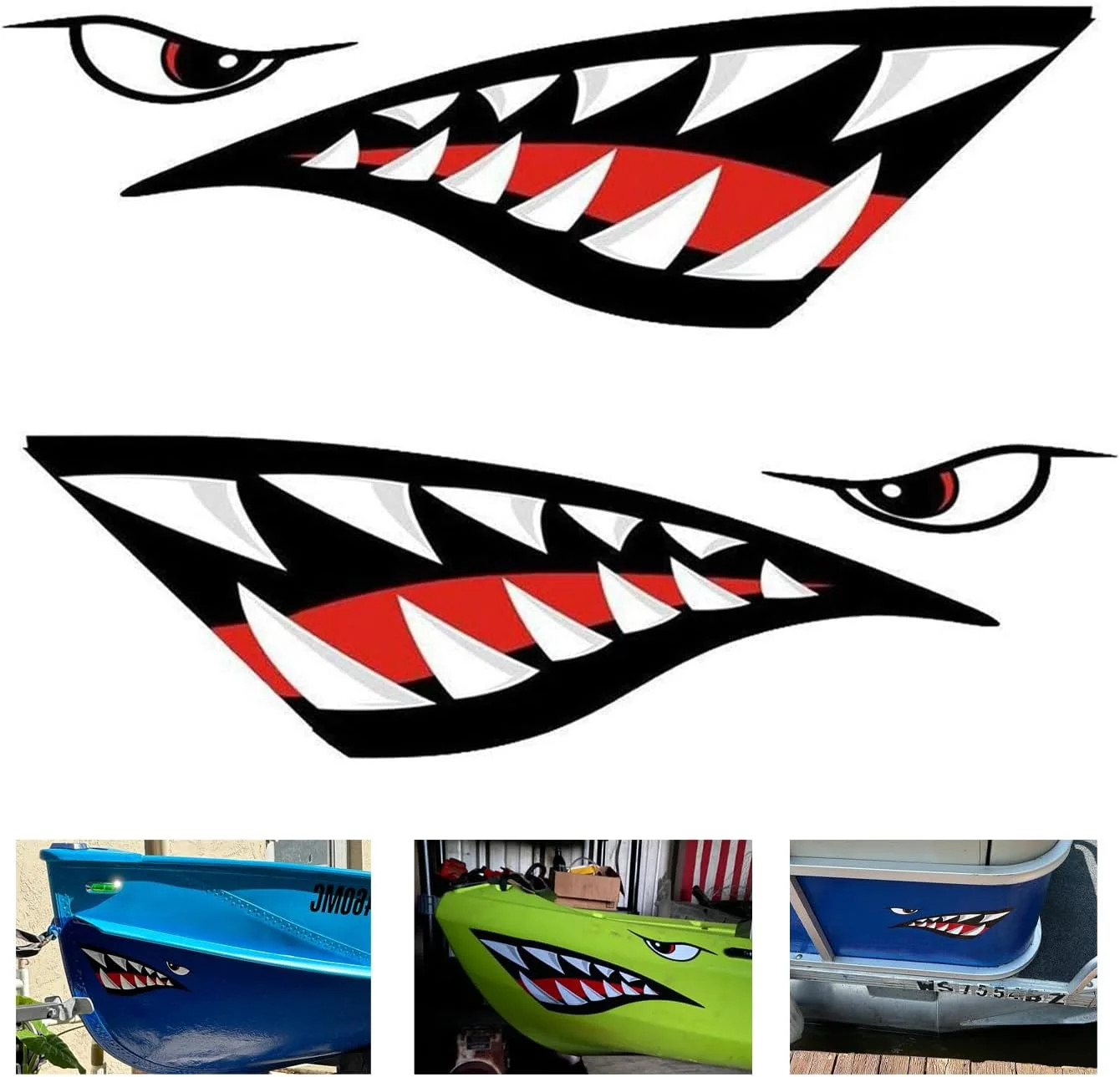 2Pcs Shark Teeth Mouth Kayak Stickers，Kayak Decals Waterproof DIY Funny Graphics