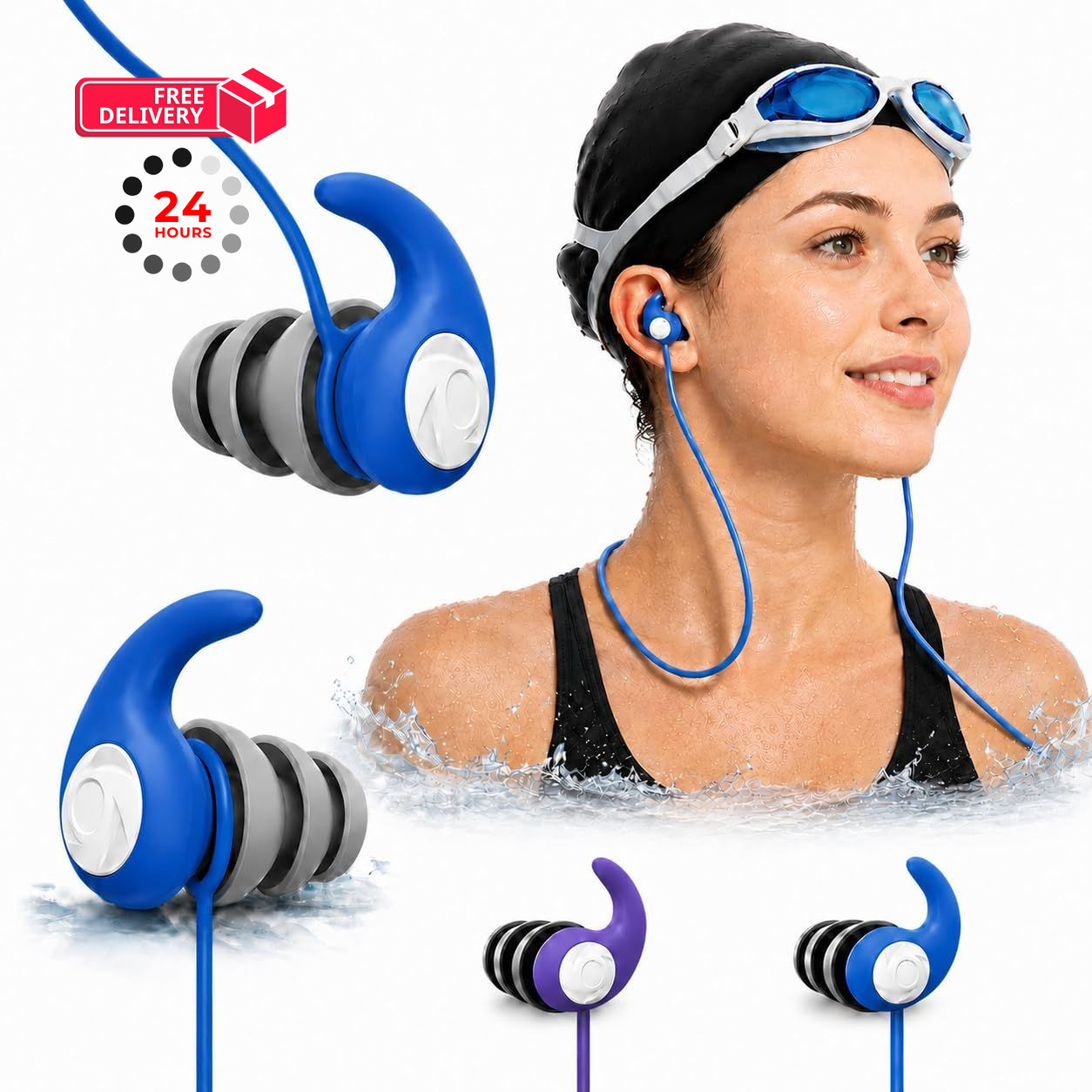 Waterproof Swimming Ear 1 pair (Pack of 3), Adults-lanyard-black ,Purple