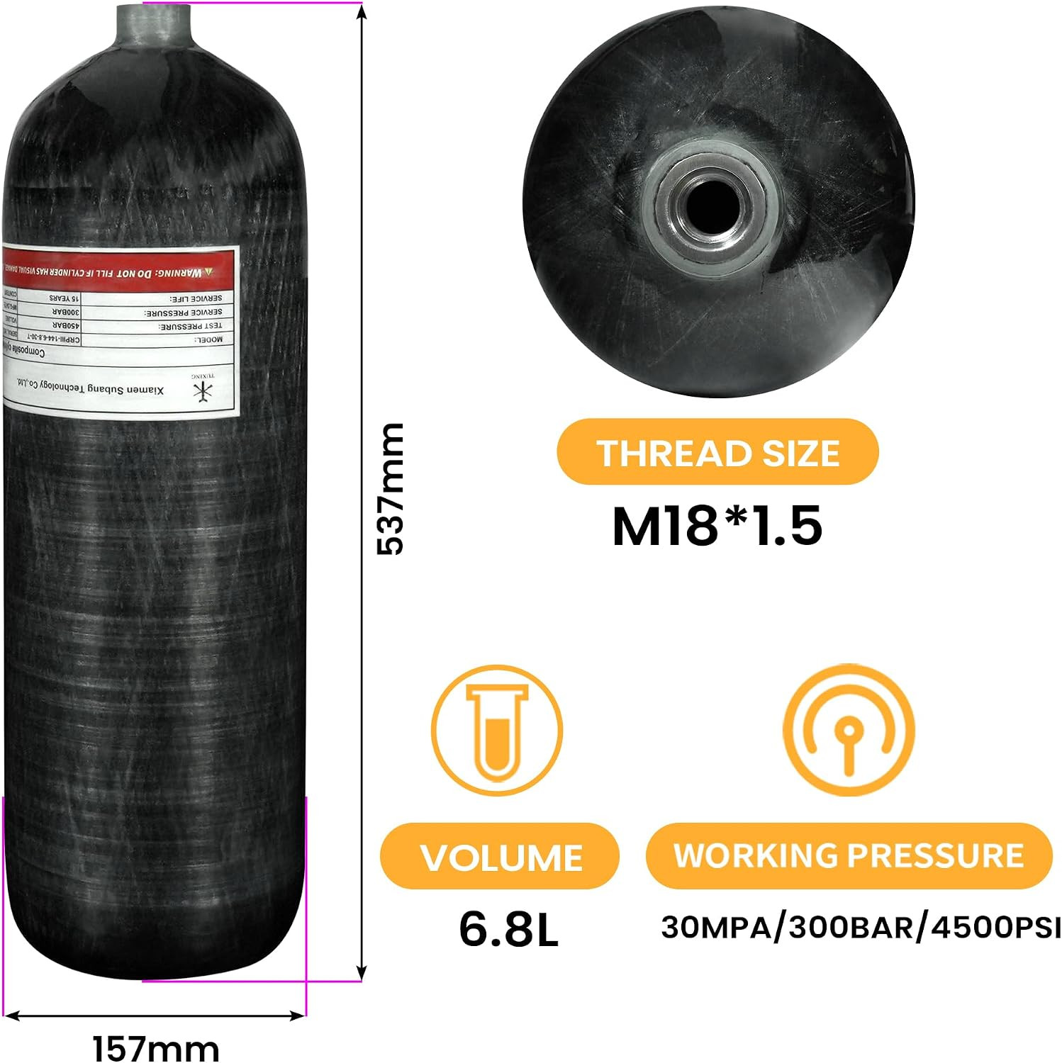 4500Psi Carbon Fiber Scuba Tank(Not DOT)6.8L 414Cu in 6800CC High Pressure Compo