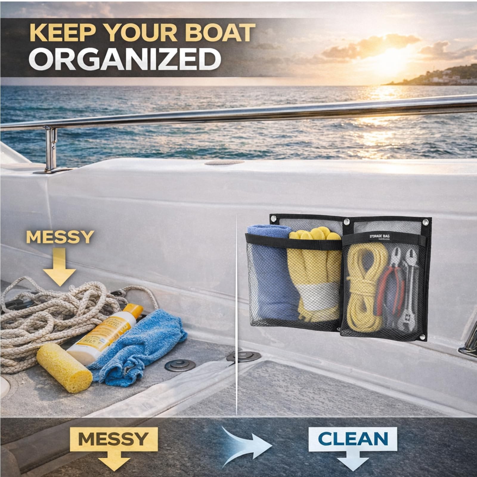Black Large Marine Mesh Double Pocket Boat Gear Storage Bag Screw Snap Mount
