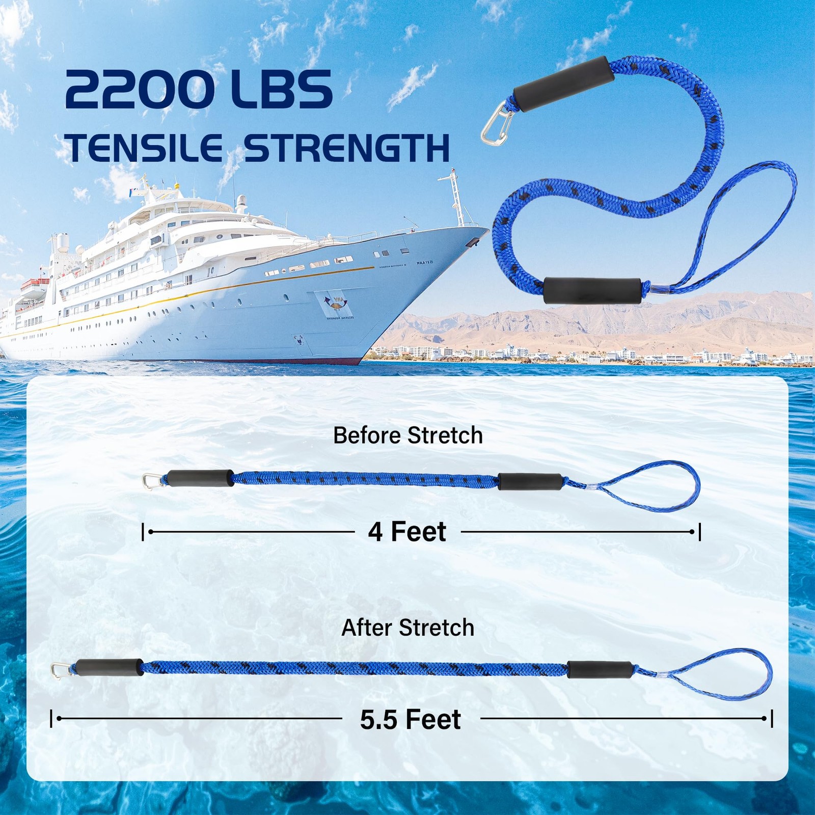 Hopeseily 4FT Bungee Dock Line, 3/8 inch (width) x 4 to 5.5 ft (length), Blue