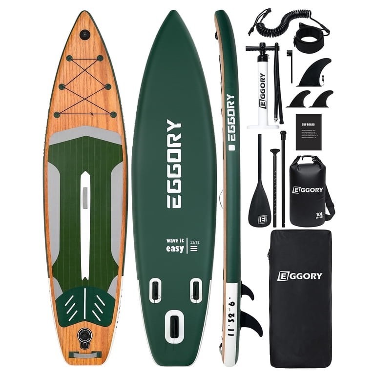 Eggory 11ft Inflatable Paddle Board SUP Set – Wood Green Bag Kit