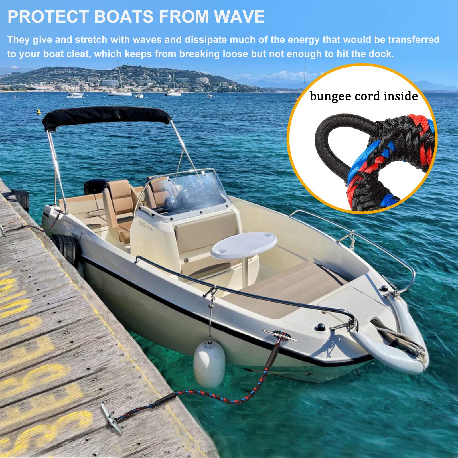 Marine Bungee Dock Line Boat Mooring Rope Bungee Tie Down Stretch 2200LBS