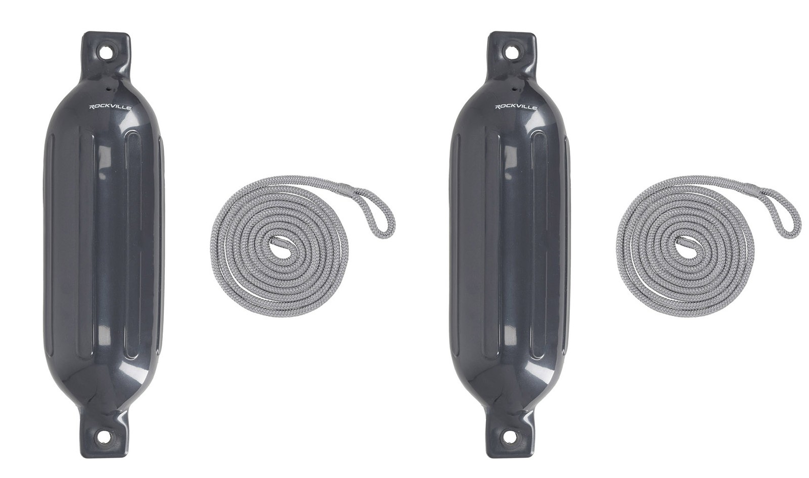 (2) Rockville FEN165-GREY 6.5″x23″ Boat Fenders + 10 Foot Line Marine Bumpers