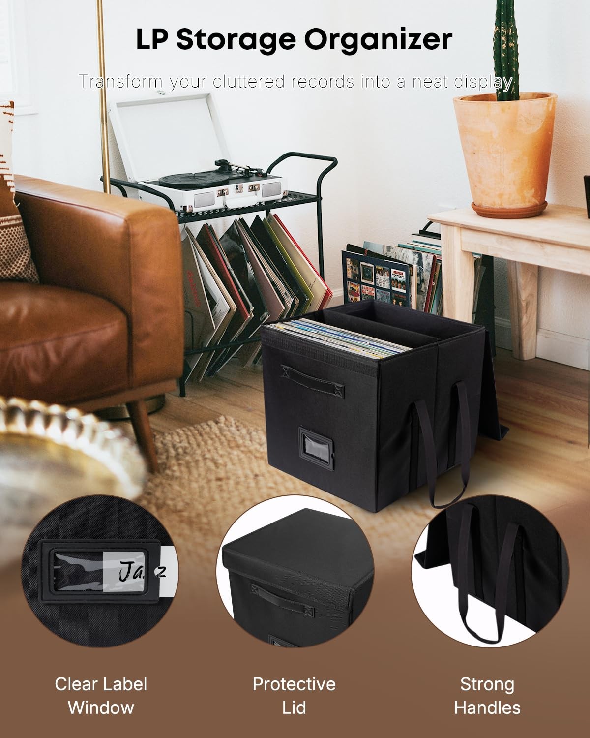 Uniclife Vinyl Record Storage Box, Collapsible LP 1 Pack, Black