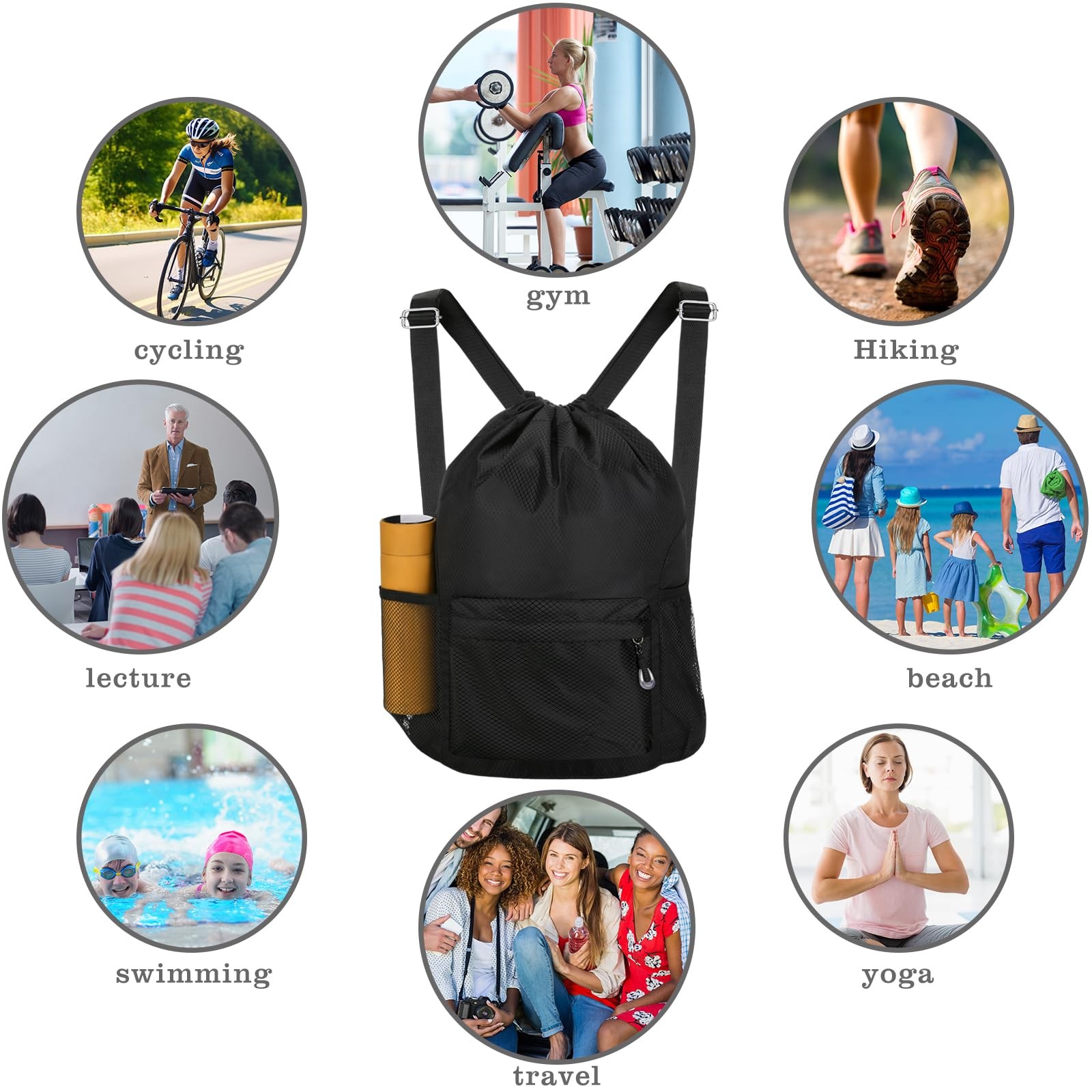 Waterproof Drawstring Bag, Lightweight String Backpack with Large, Black