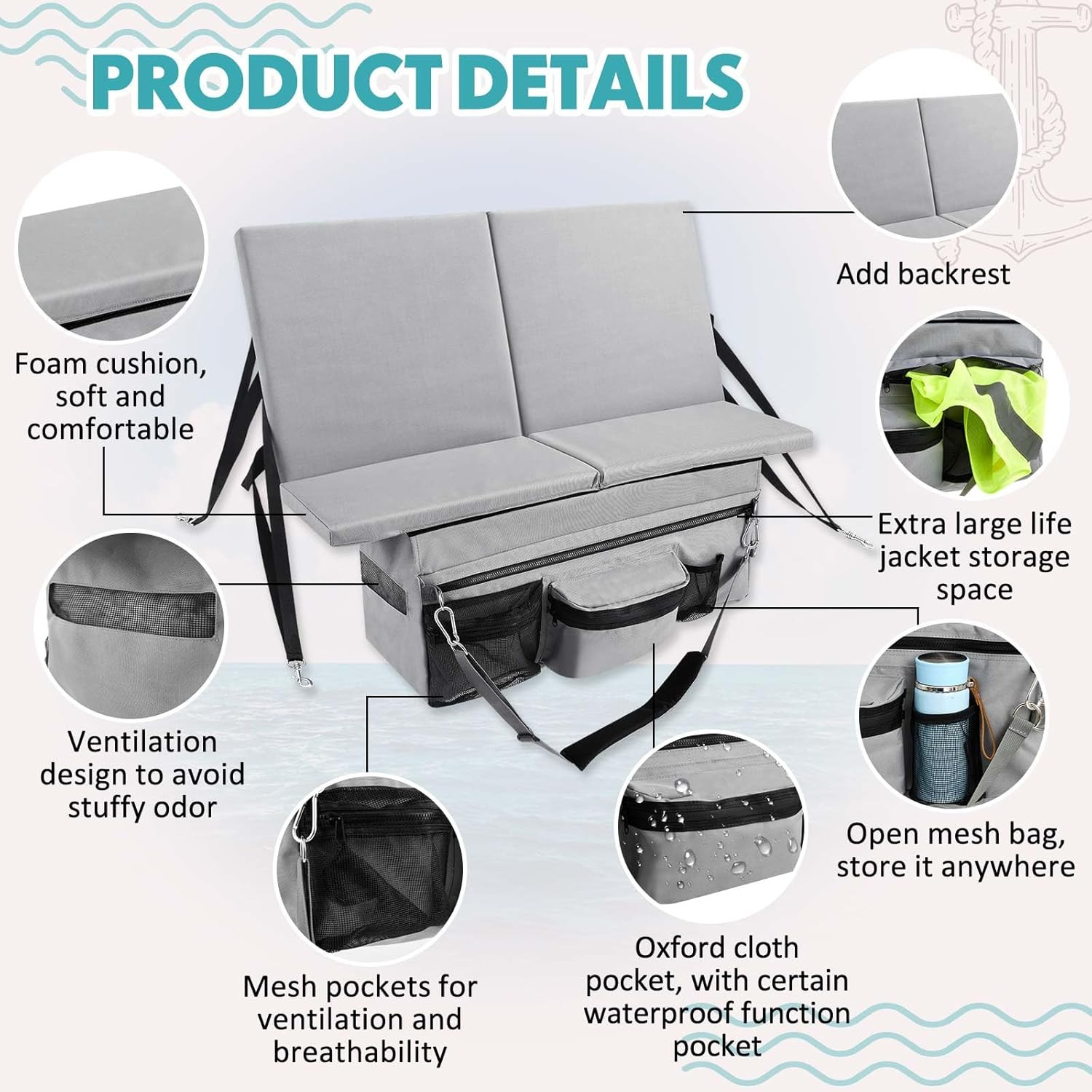 35 X 14 Inch Dinghy Inflatable Boat Seat Cushion with Back Support 34.6” X 17.3