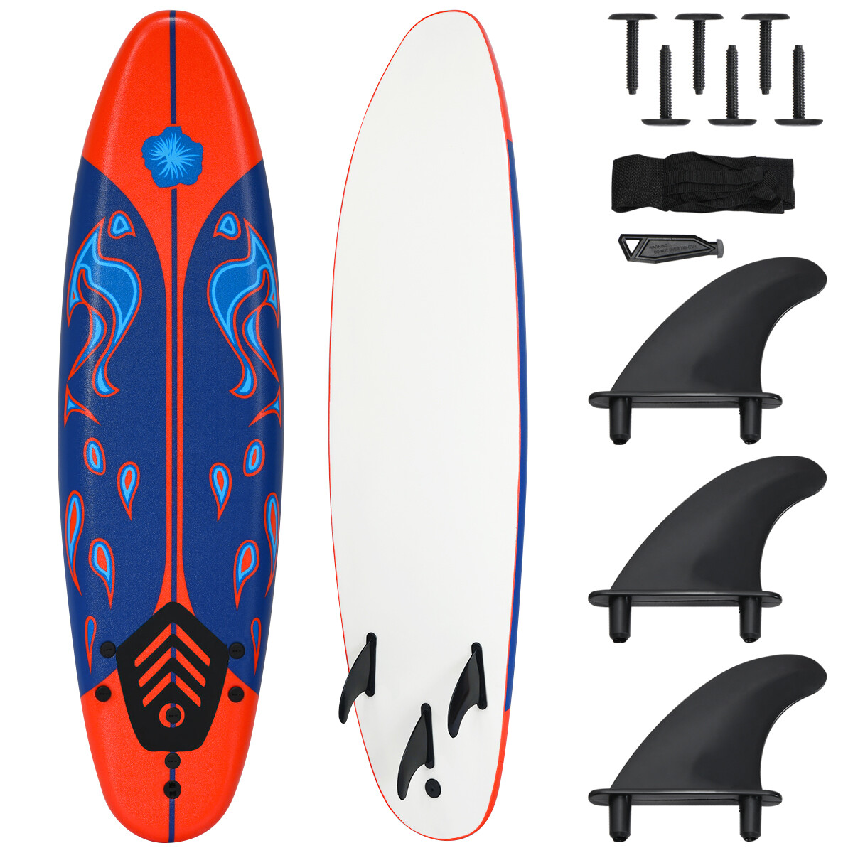 6′ Surfboard Foamie Body Surfing Board W/3 Fins Leash for Kids Adults Red