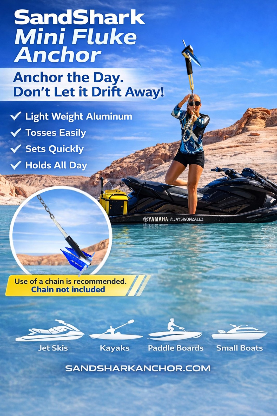 SandShark Premium Fluke Anchor-Retractable Shaft Easy Storage-Aluminum Pontoo…