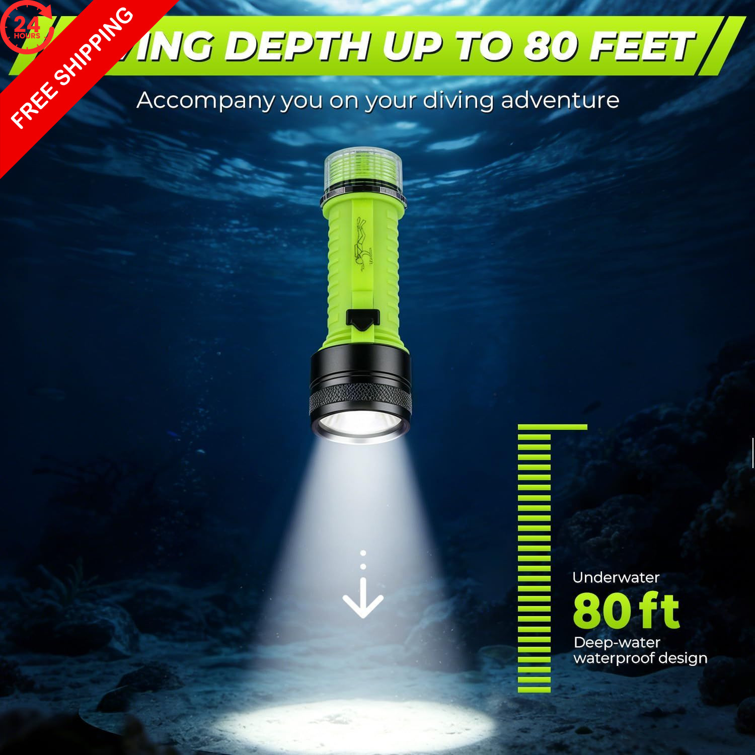FISHOAKY Diving Flashlight Underwater LED Light, 1500 Pocket Size, Black