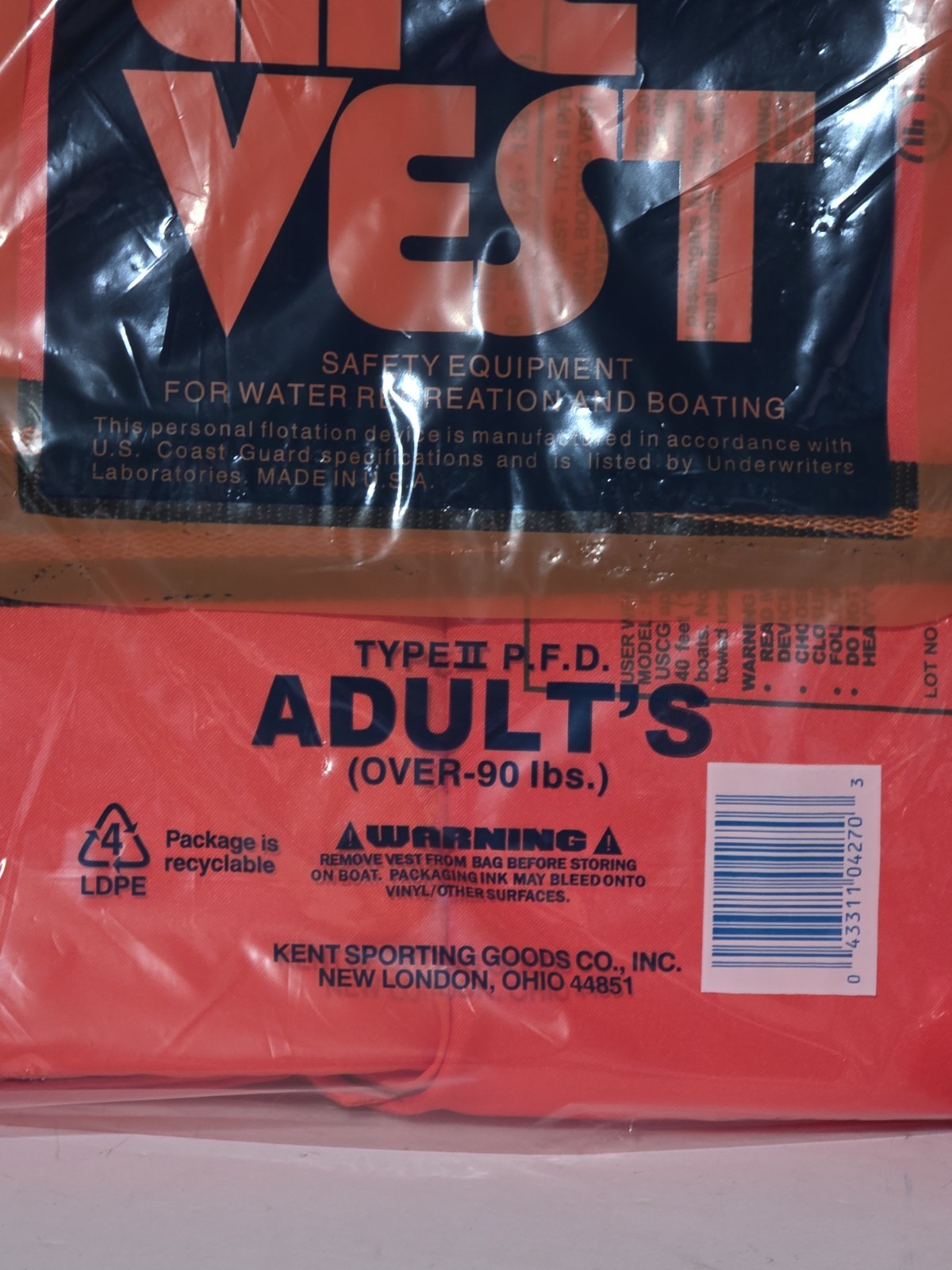 Kent BUPANT LIFE VEST Adults Type ll PFD Over 90 lbs U.S. Coast Guard AppovedL 2