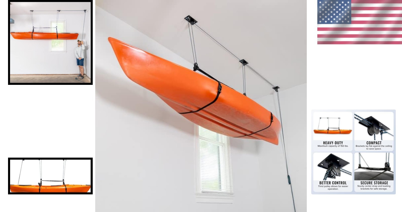 Heavy-Duty Kayak Hoist – 150 lbs Capacity Overhead Storage for 10-14 ft Ceilings