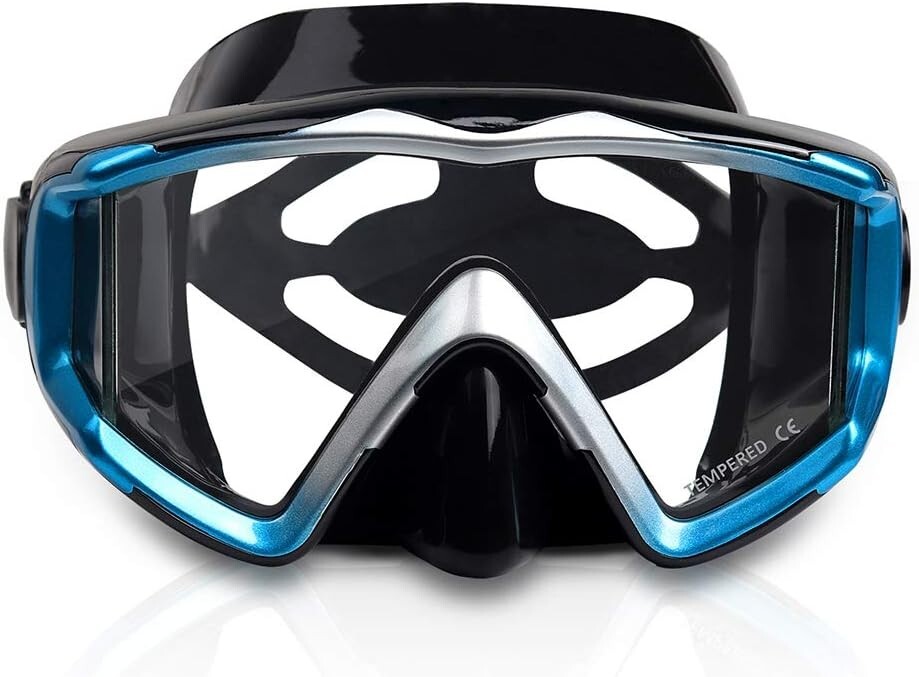 Scuba Diving Mask Tempered Glass Lens Swim Goggles Snorkeling Panoramic Blue