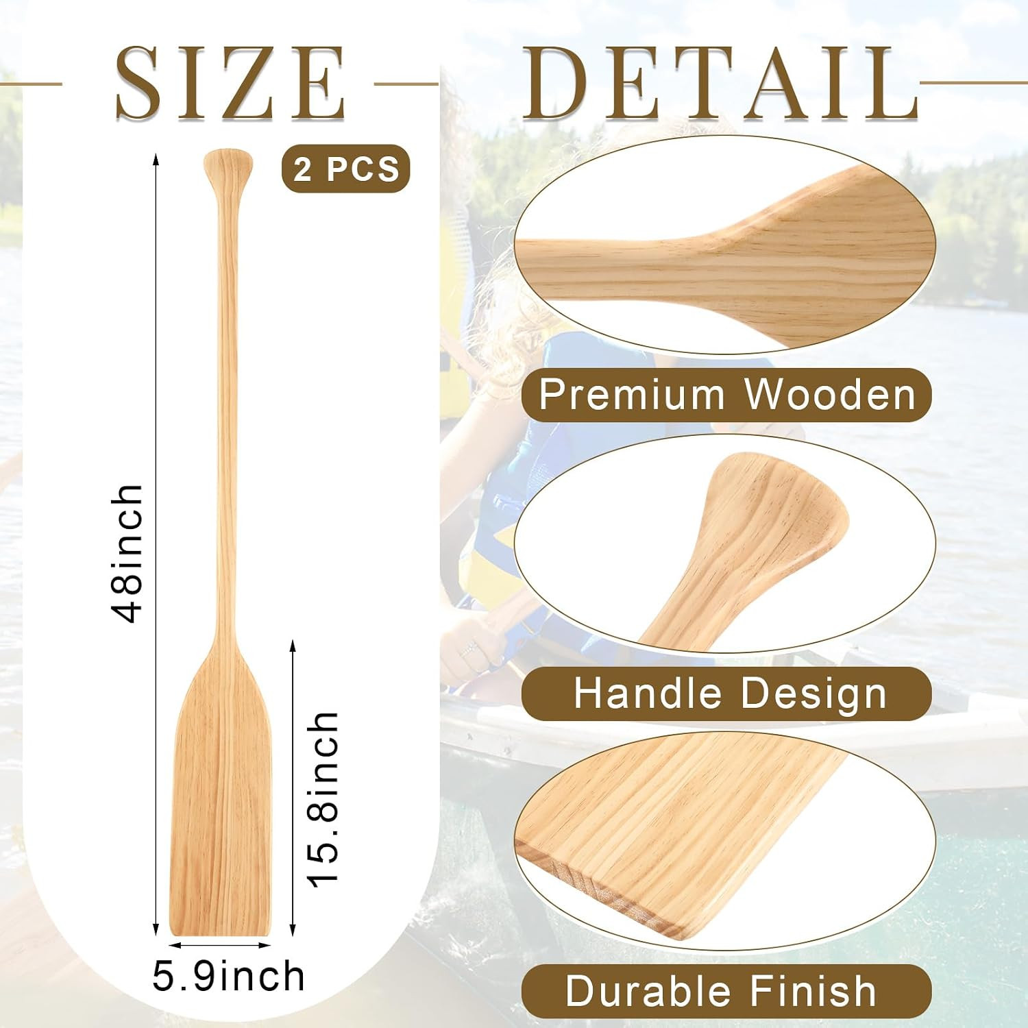 Silipull 2 Pcs 2.5-4Ft Wooden Canoe Oar Paddle, 30-48” Solid Pine Paddle Canoe,