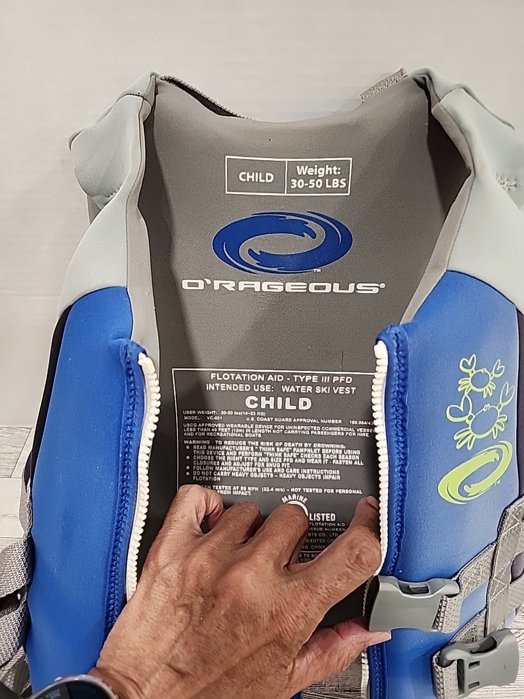 O’rageous Blue Unisex USCG Approved Water Ski Vest Life Jacket 30-50 Pounds Kids