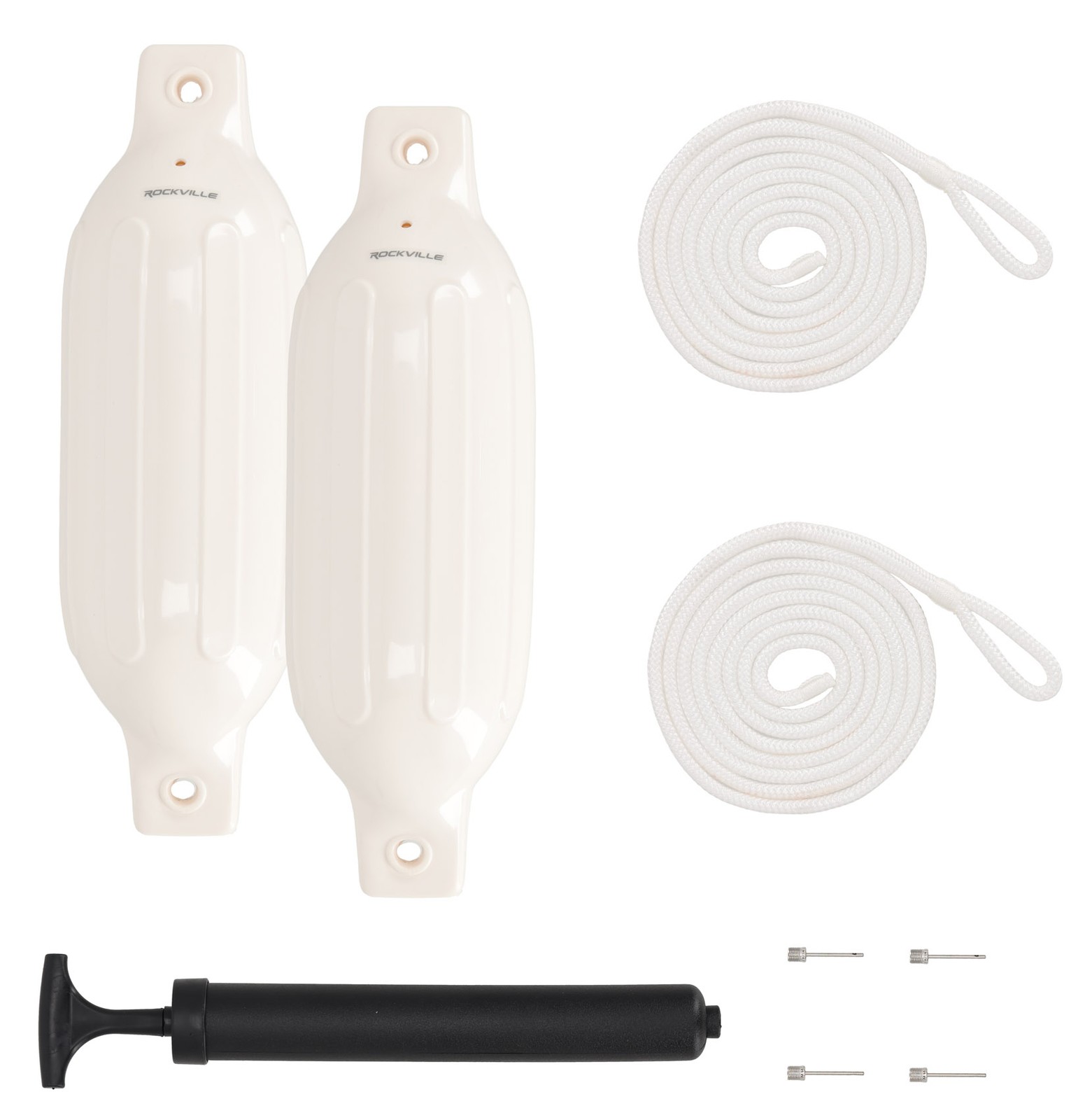 Rockville FEN245-WHITE Boat Fender Package 2 Bumpers 4.5″x16″, 2 Lines + Pump