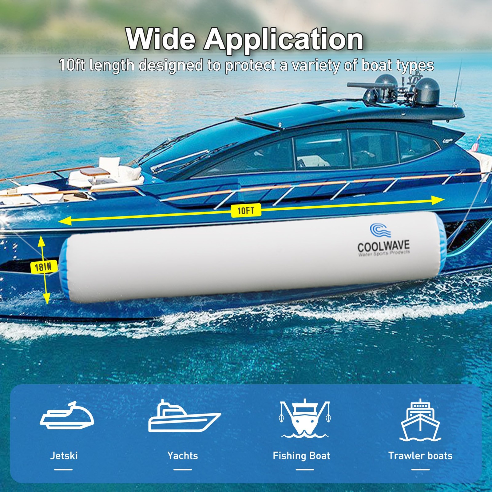 COOLWAVE 10FT Inflatable Boat Fenders, Upgraded 10’x18″, ‎Grey-Blue