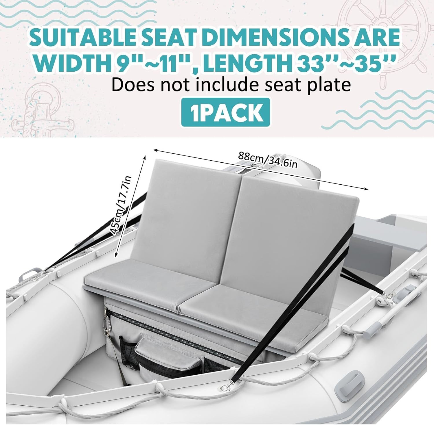 35 X 14 Inch Dinghy Inflatable Boat Seat Cushion with Back Support 34.6” X 17.3