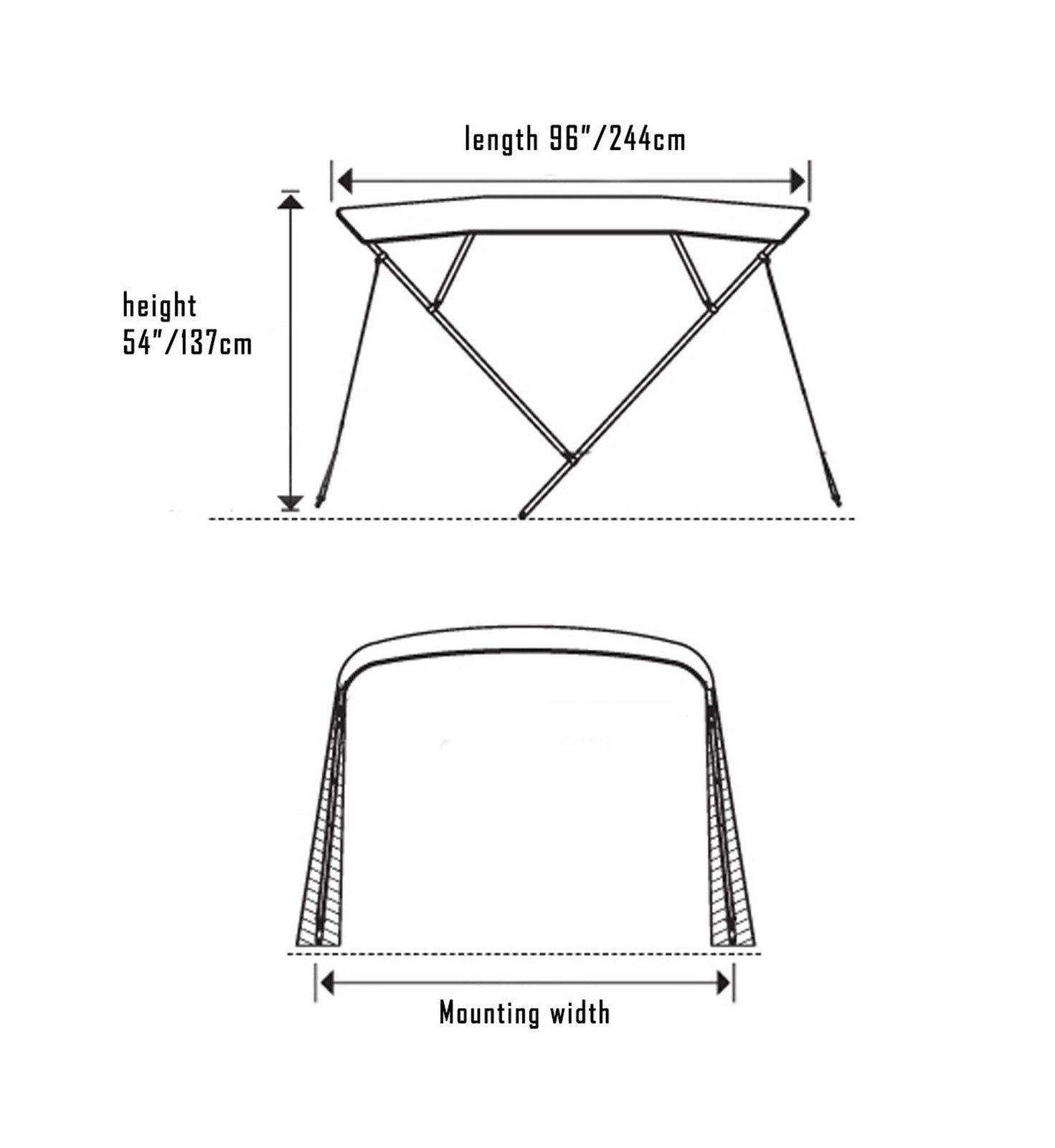 Oceansouth 4 Bow Bimini – 8ft Deluxe Black Mounting Width 61″-66′