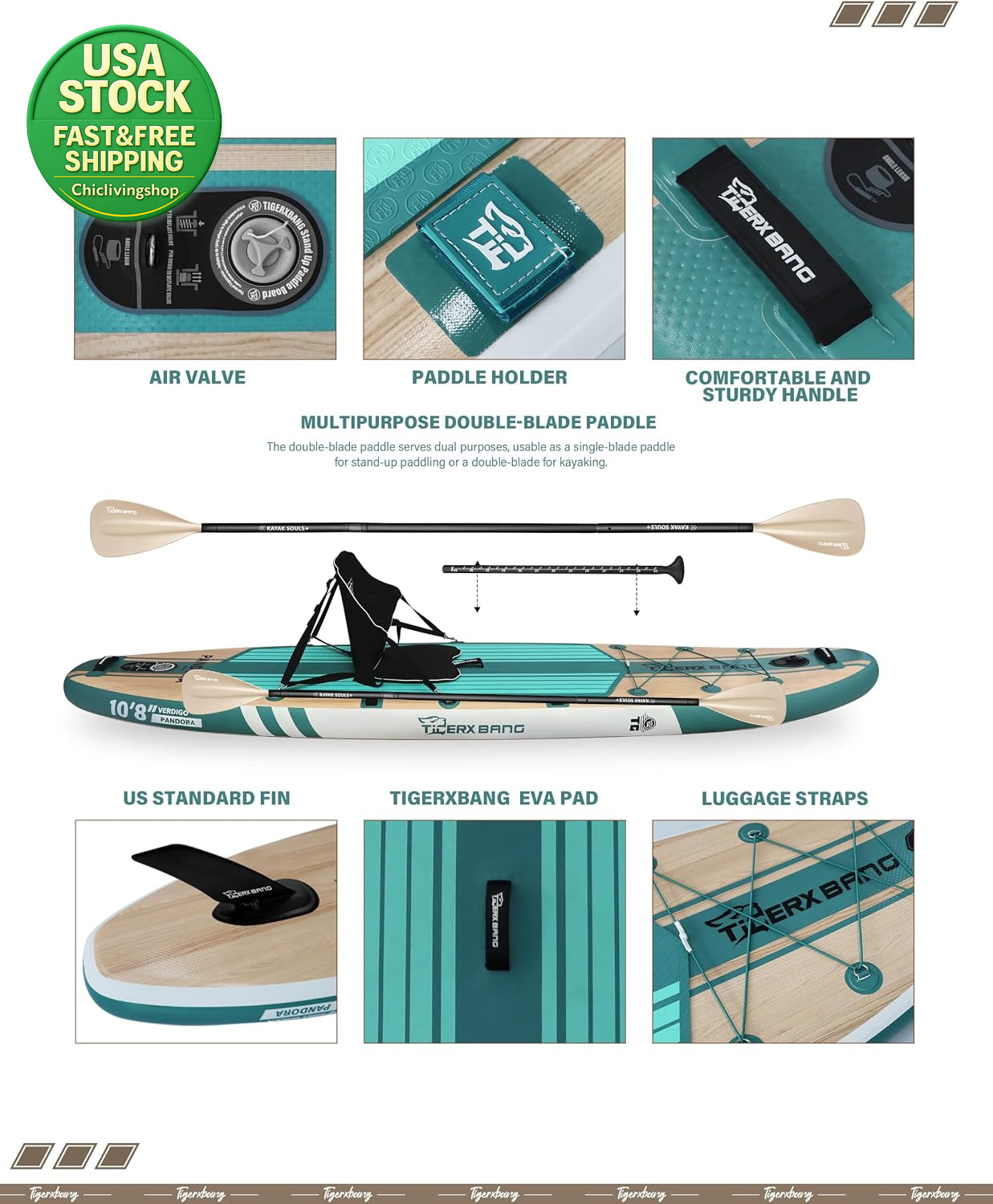 Inflatable Stand up Paddle Board 10.8Ft Wide SUP Kayak Kit Verdigris Green