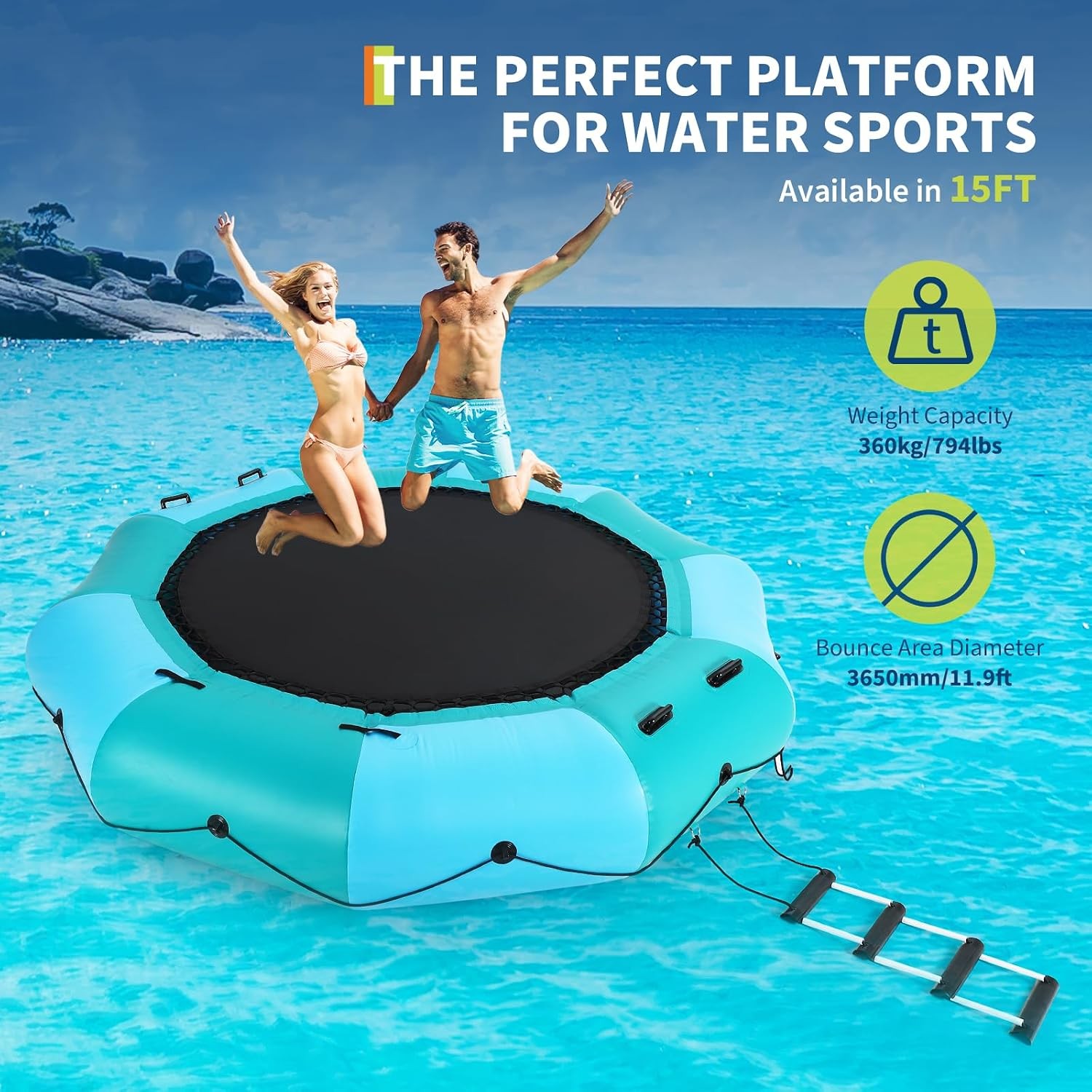 15FT Inflatable Water Trampoline Floating Water Bouncer w/Pump Ladder 408lbs