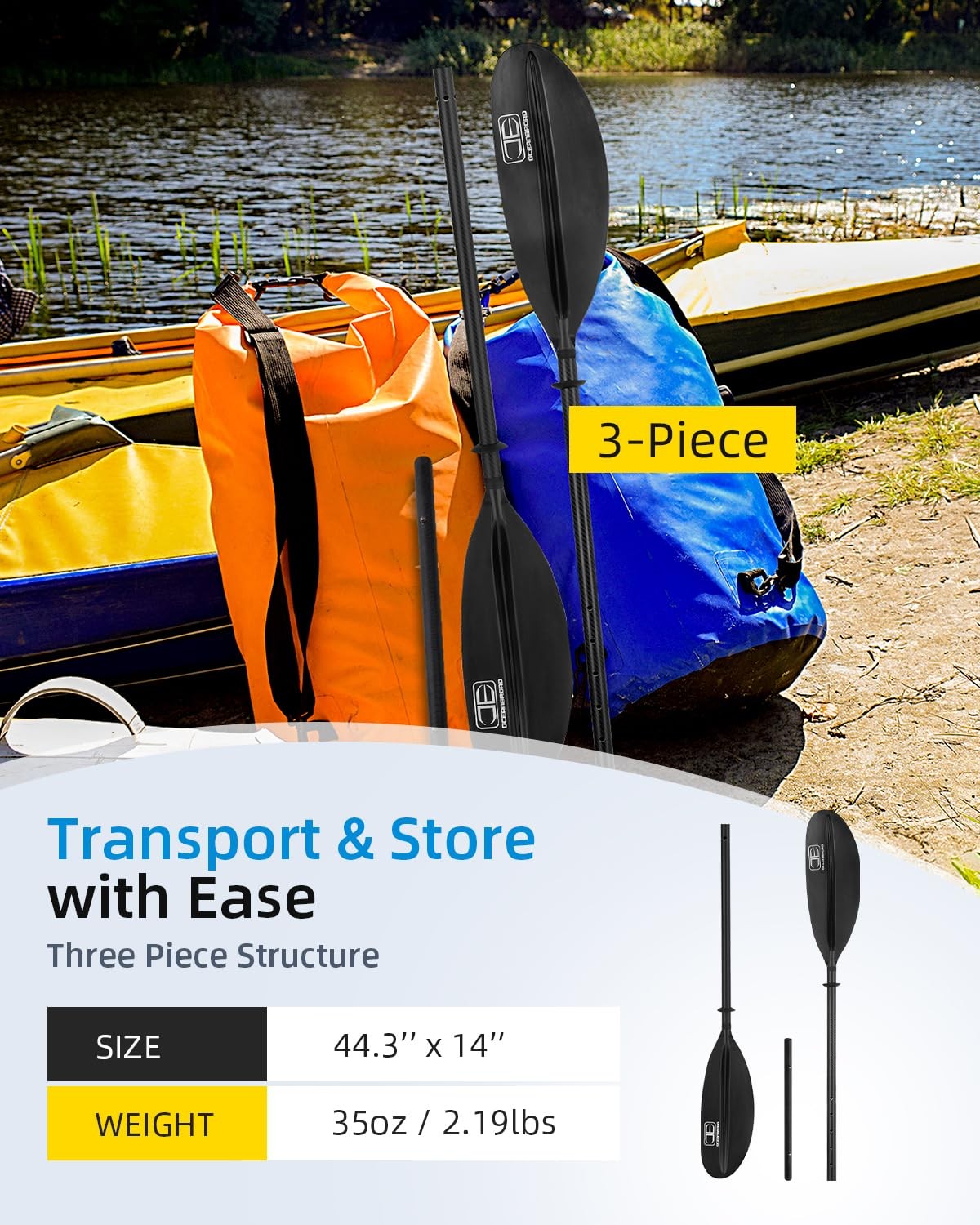 OCEANBROAD Adjustable Carbon Fiber Kayak Paddle 86in/220cm to 94in/240cm Kaya…