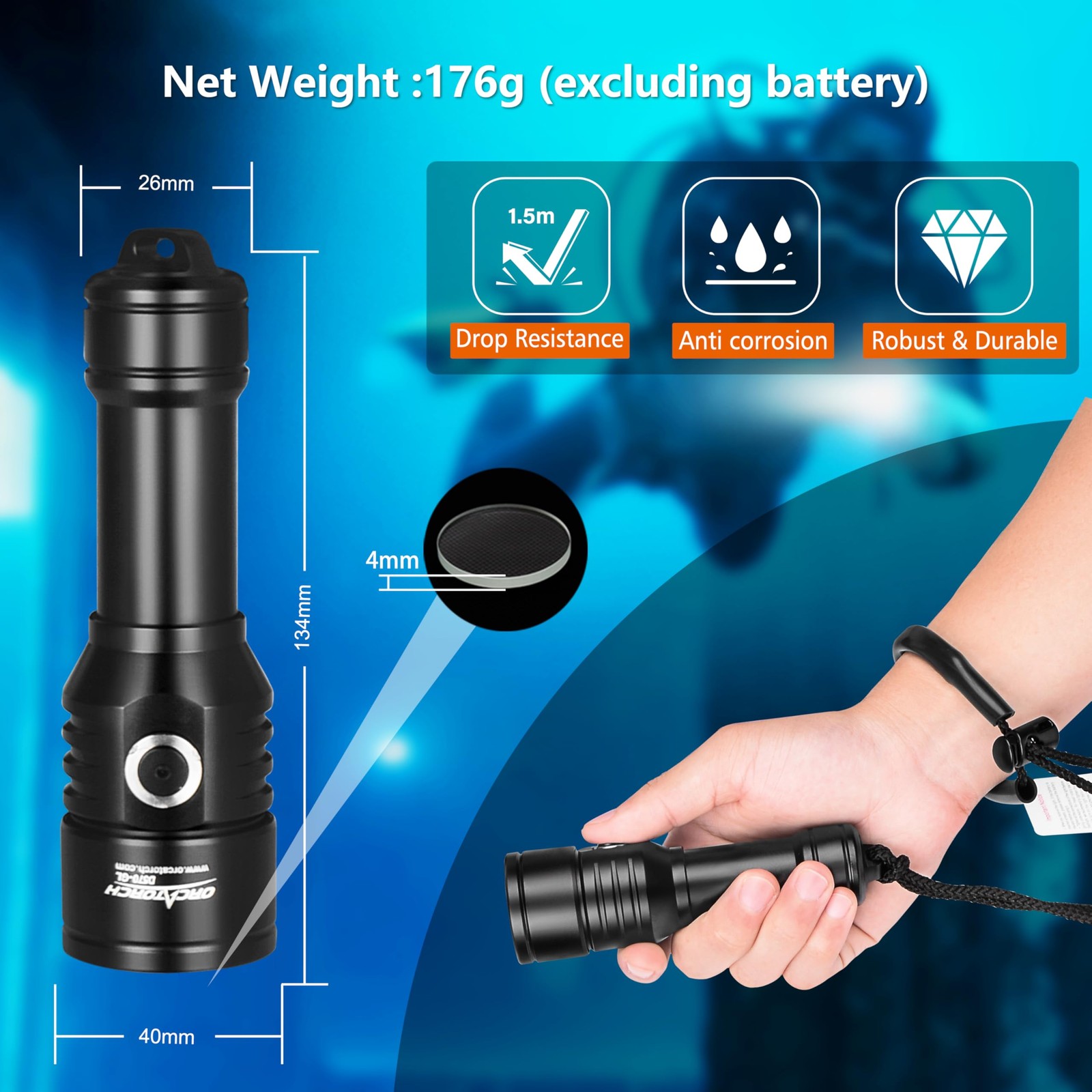 Orcatorch D570-Gl 2.0 2-In-1 Scuba Diving Signal Light 1500 Lumens Underwater