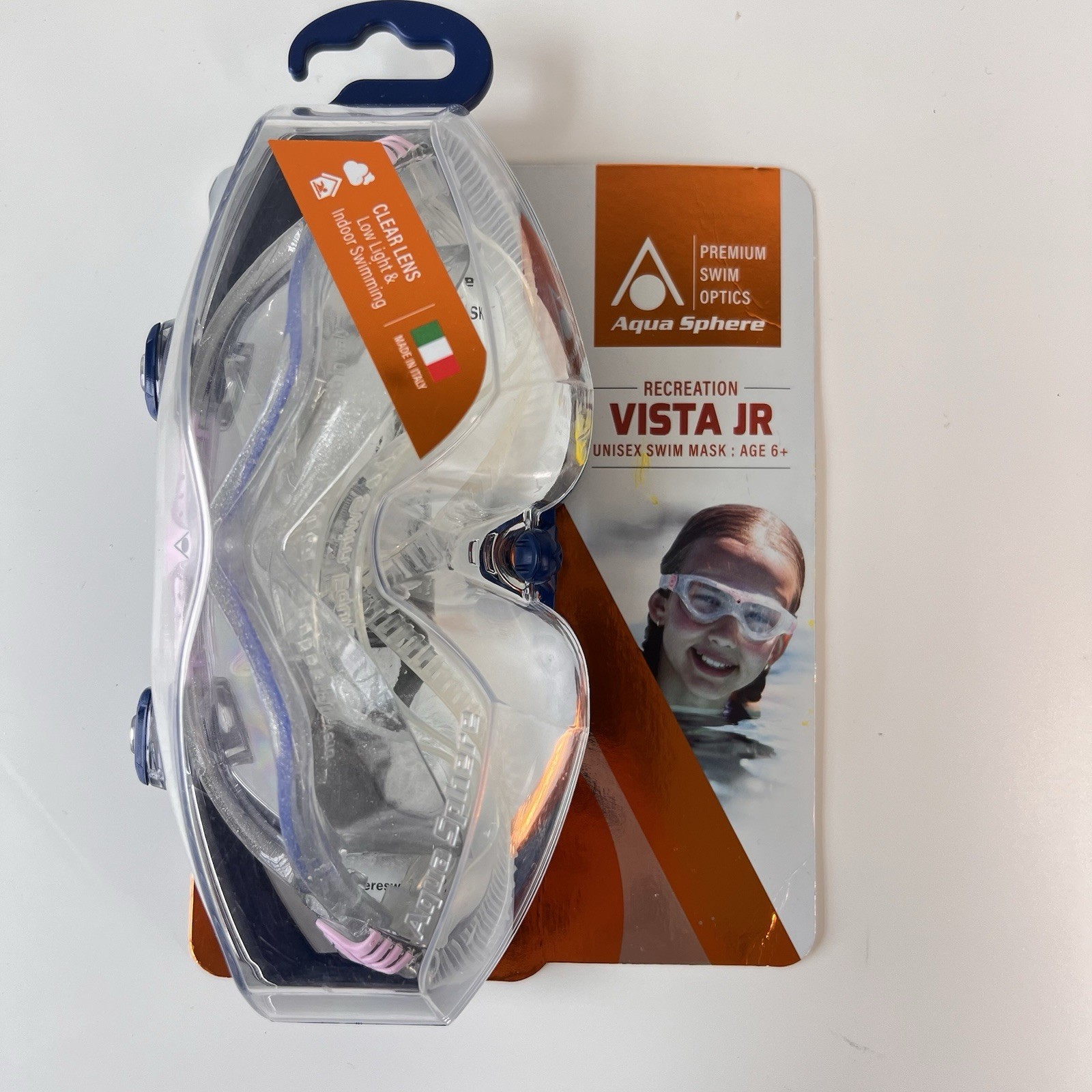 Aqua Sphere Vista Jr. Junior Kids 6+ Swim Mask, Unisex Pink & Clear w/Clear Lens