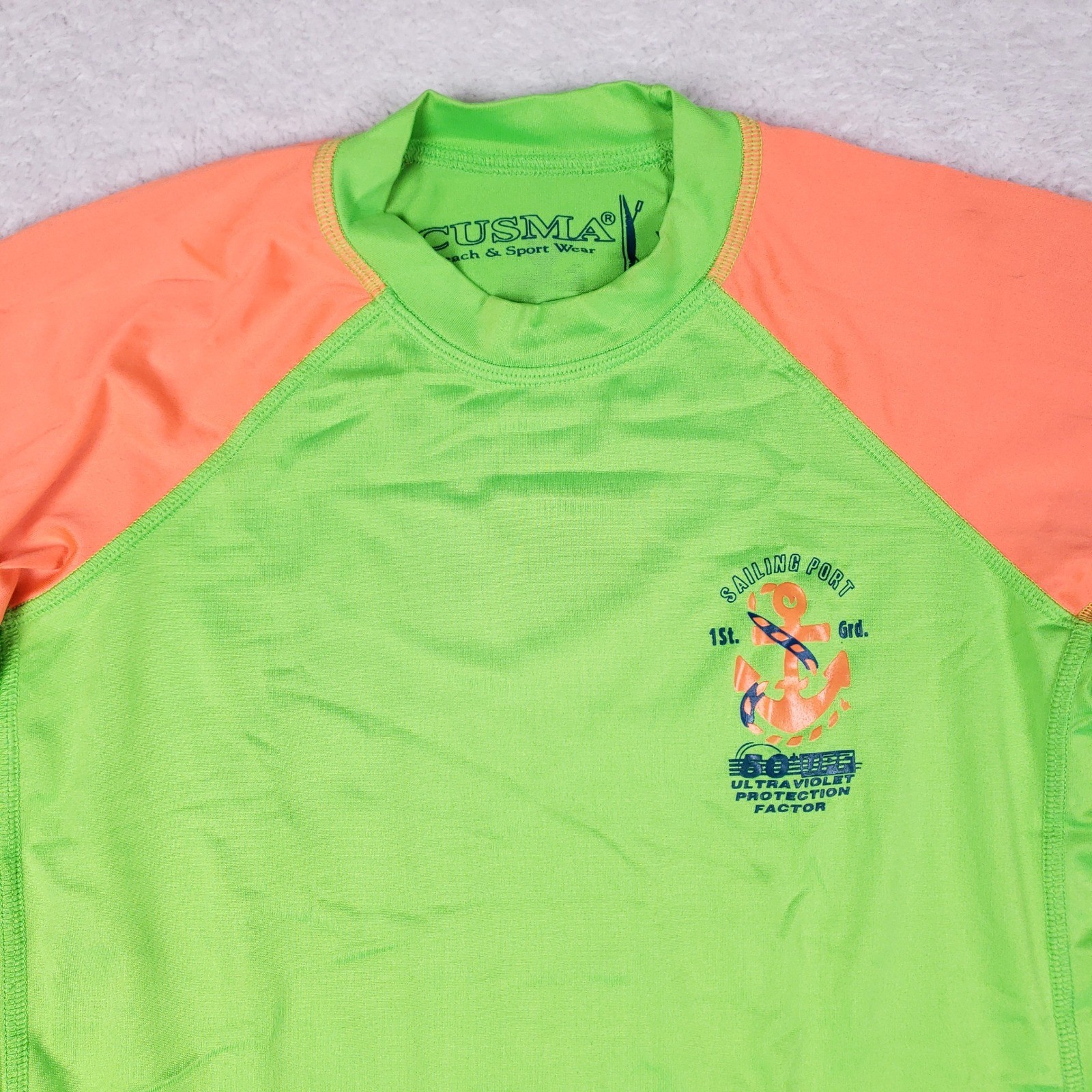Cusma Rash Guard XG Long Sleeve Neon Green Orange Anchor UPF 50 Y2K Surf