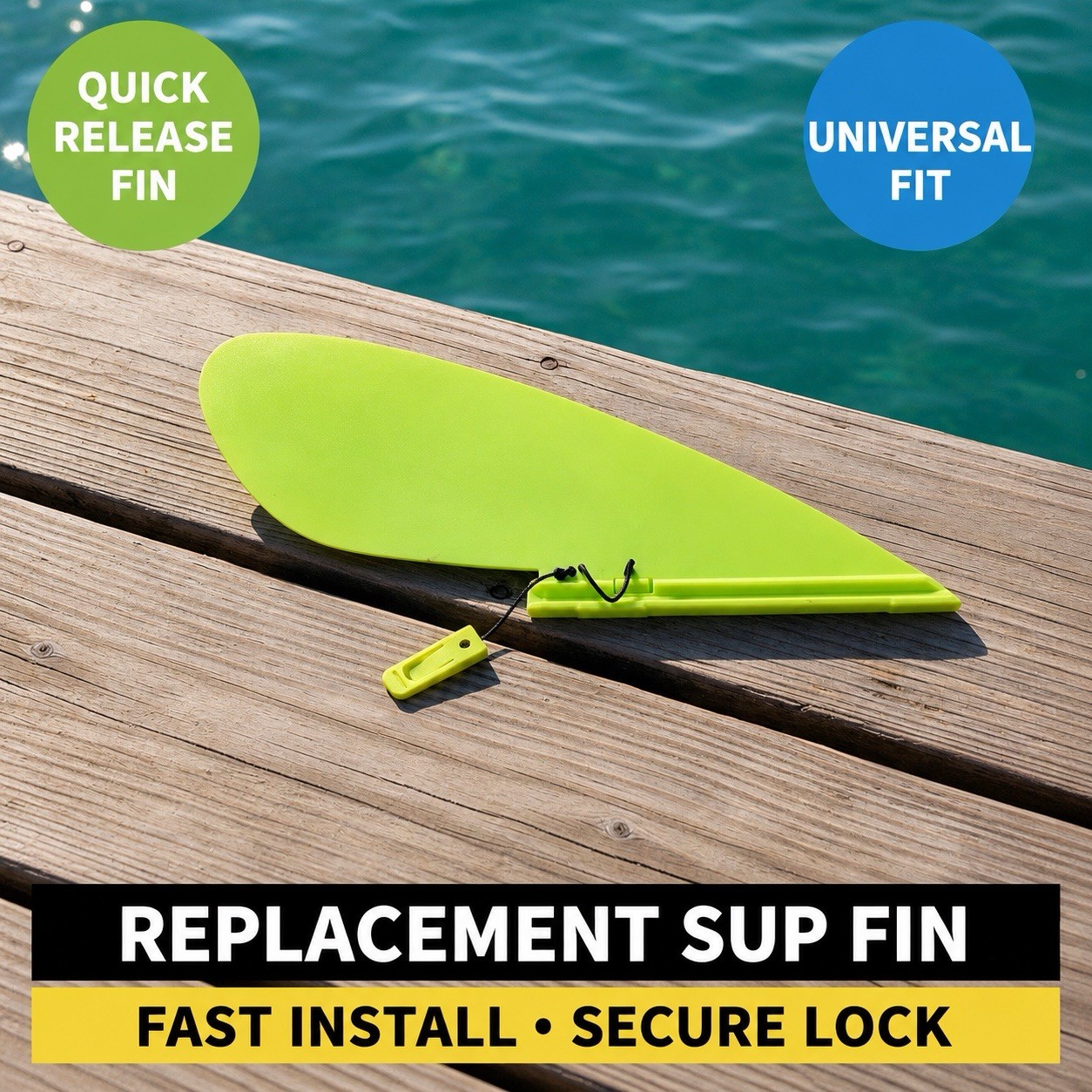Stand Up Paddleboard Fin – Neon Yellow/Green Slide-In Mount with Clip Tool Free