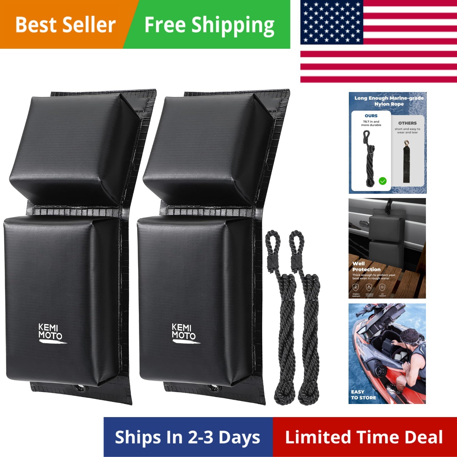 PWC Jet Ski Bumpers, Boat Bumpers for Docking, Folding Design Fenders with Le…