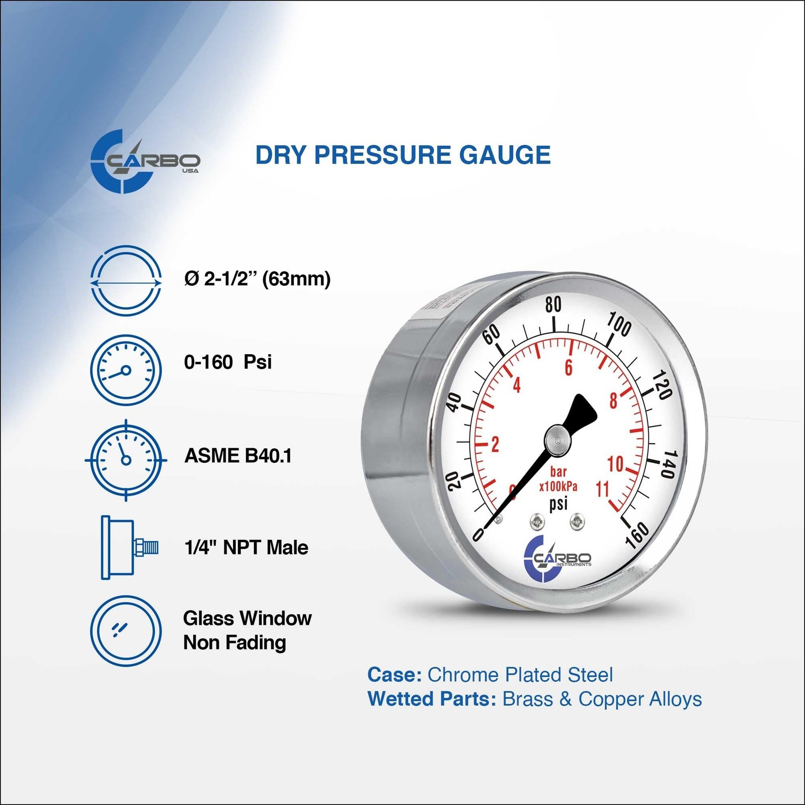 2-1/2″ Pressure Gauge, Chrome Plated Steel Case, Dry, 0-160 psi/kPa, Back Mou…