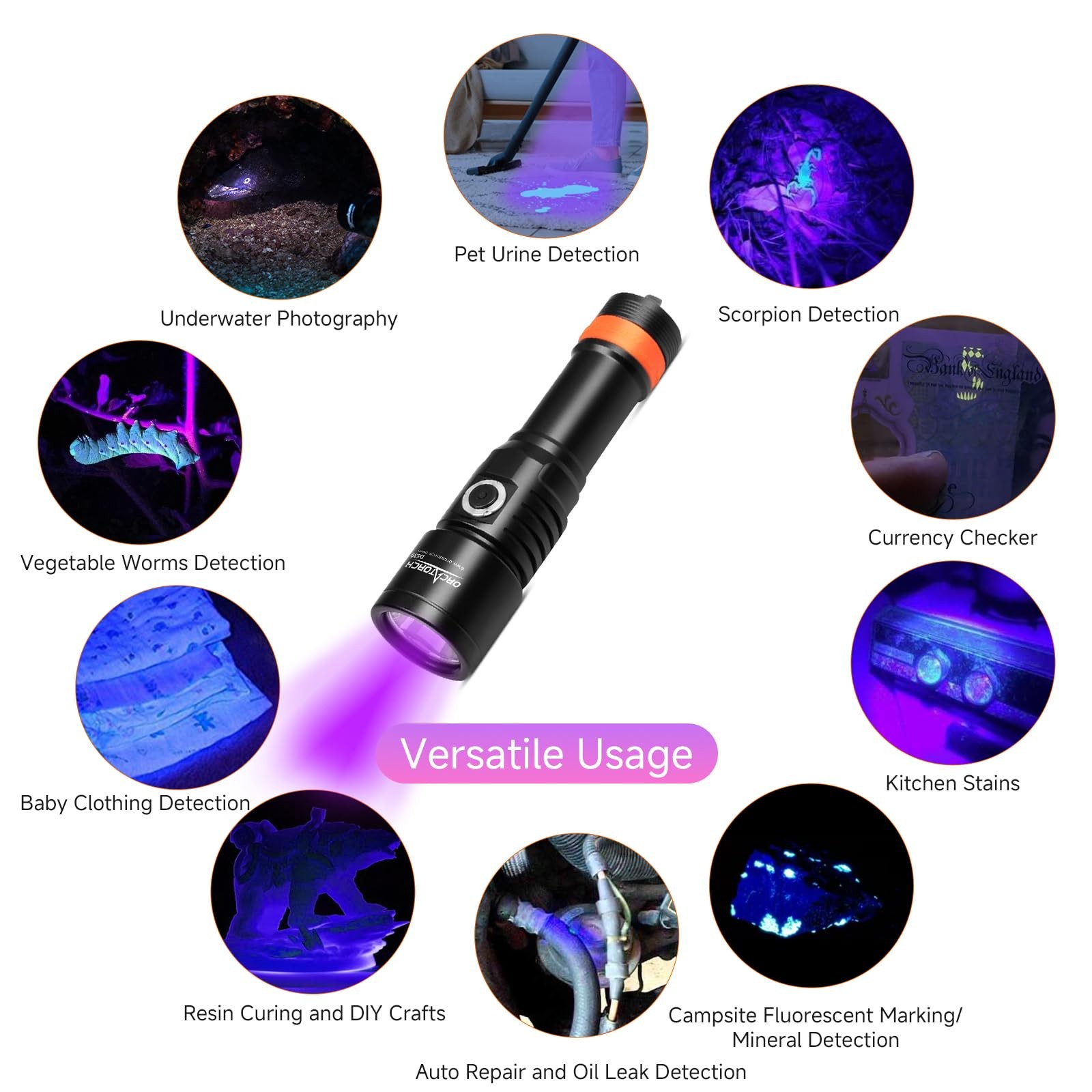 ORCATORCH D530 Scuba Dive Light, 395NM LED UV Light Blacklight, 8 Degrees Narrow